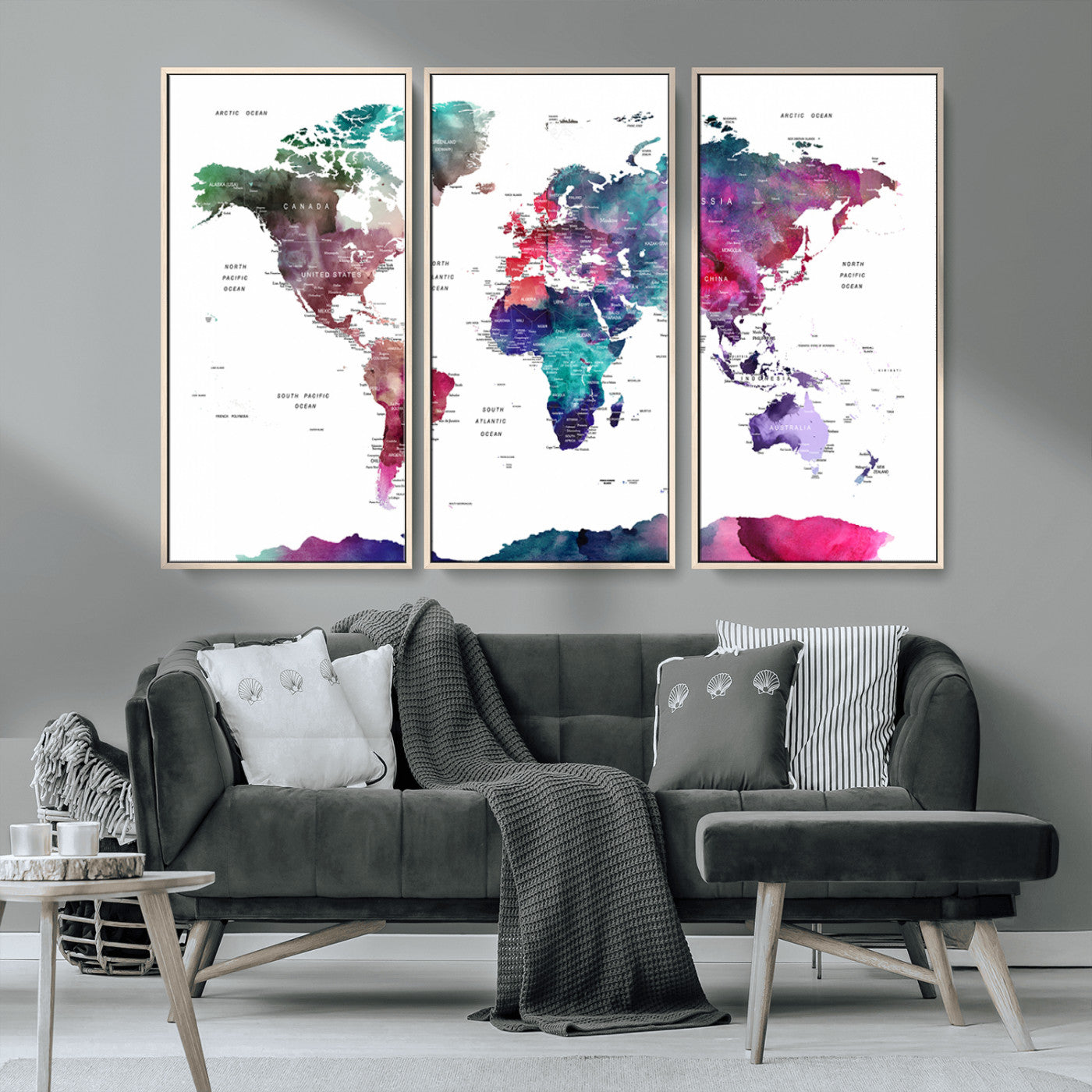 78176-MGV-CV-36X24-Colorful Watercolor World Map Canvas Wall Art – Framed Modern Map Print, Vibrant Travel Inspired Artwork for Home and Office Decor