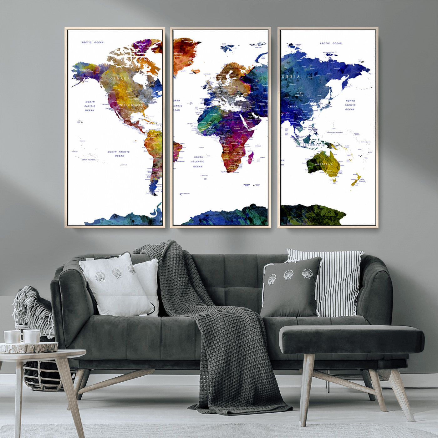 90446-MGV-CV-36X24-Colorful Watercolor World Map Canvas Wall Art – Framed Modern Push Pin Travel Map for Home and Office Decor