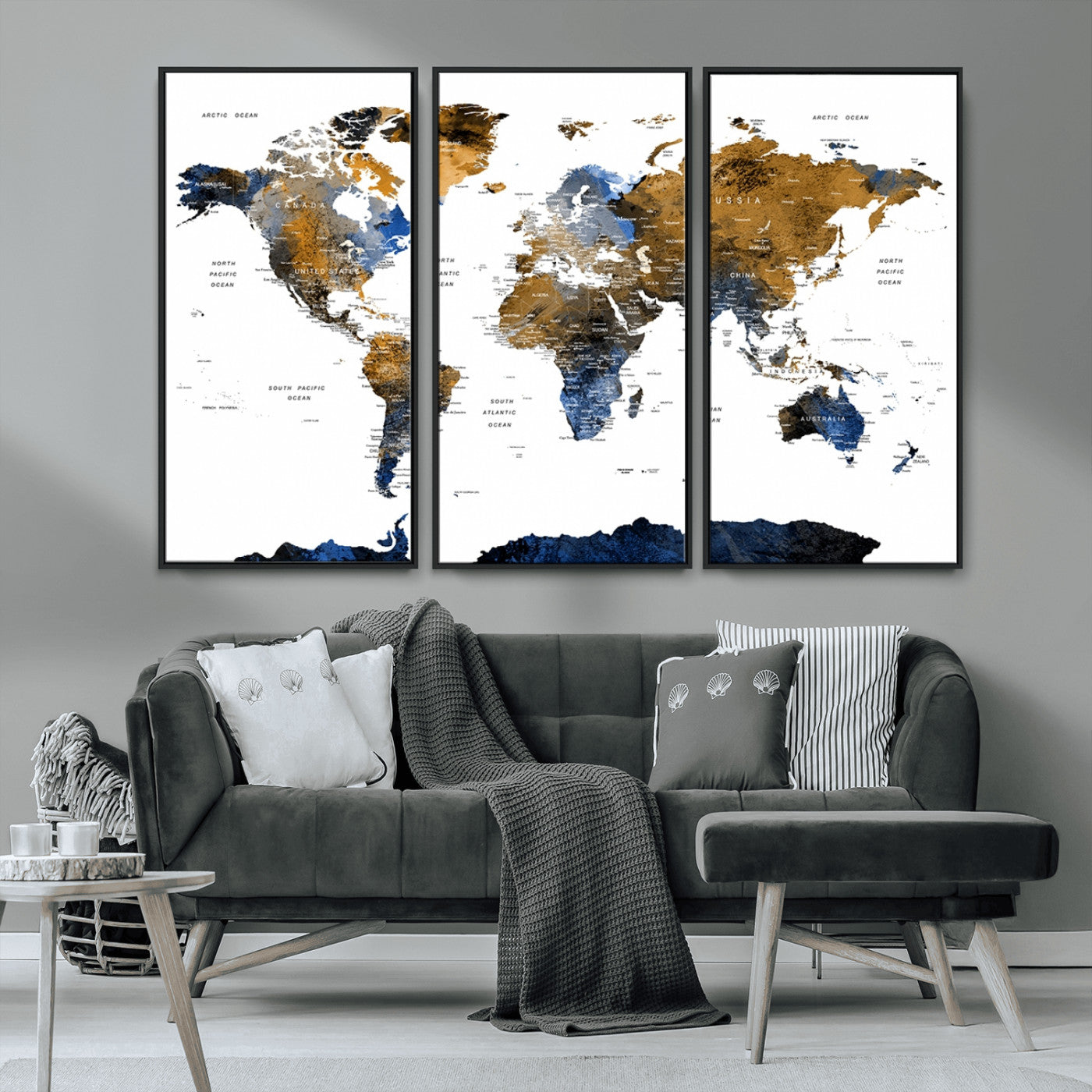 56231-MGV-CV-36X24-Navy and Gold World Map Canvas Wall Art – Framed Modern World Map Print, Elegant Travel Inspired Artwork for Home and Office Decor