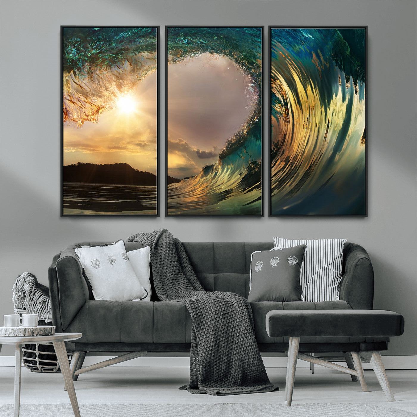 -Golden Wave Sunset Canvas Print – Large Coastal Wall Art for Nature Lovers, Captivating Ocean Wave