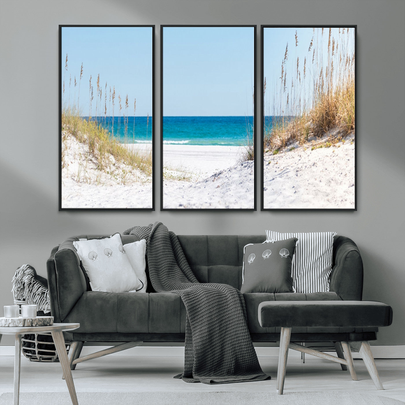 -Serene Coastal Dune Path with Ocean View, 3-Panel Beach Canvas Wall Art, Tranquil Seascape Giclee