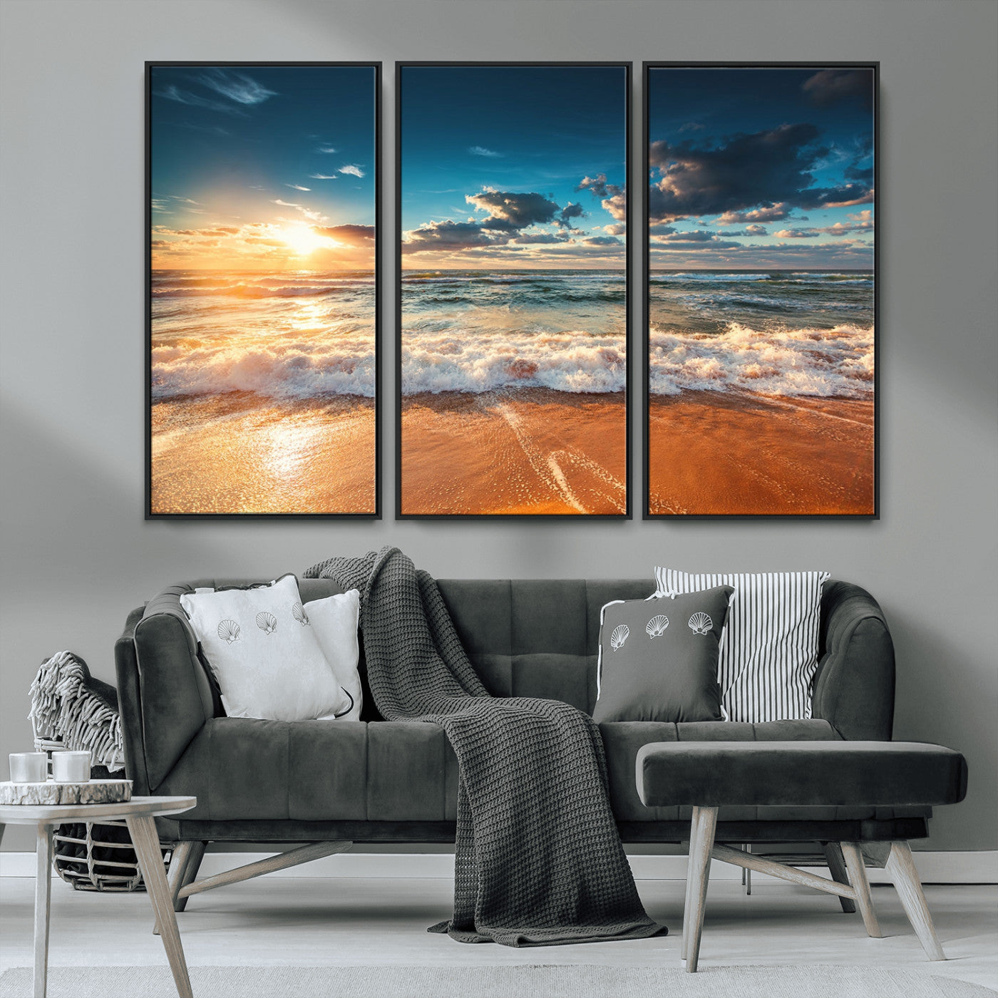 -Golden Sunset Beach Triptych Canvas Art, Giclee Coastal Wall Decor, Ocean Waves Print, Modern Beach