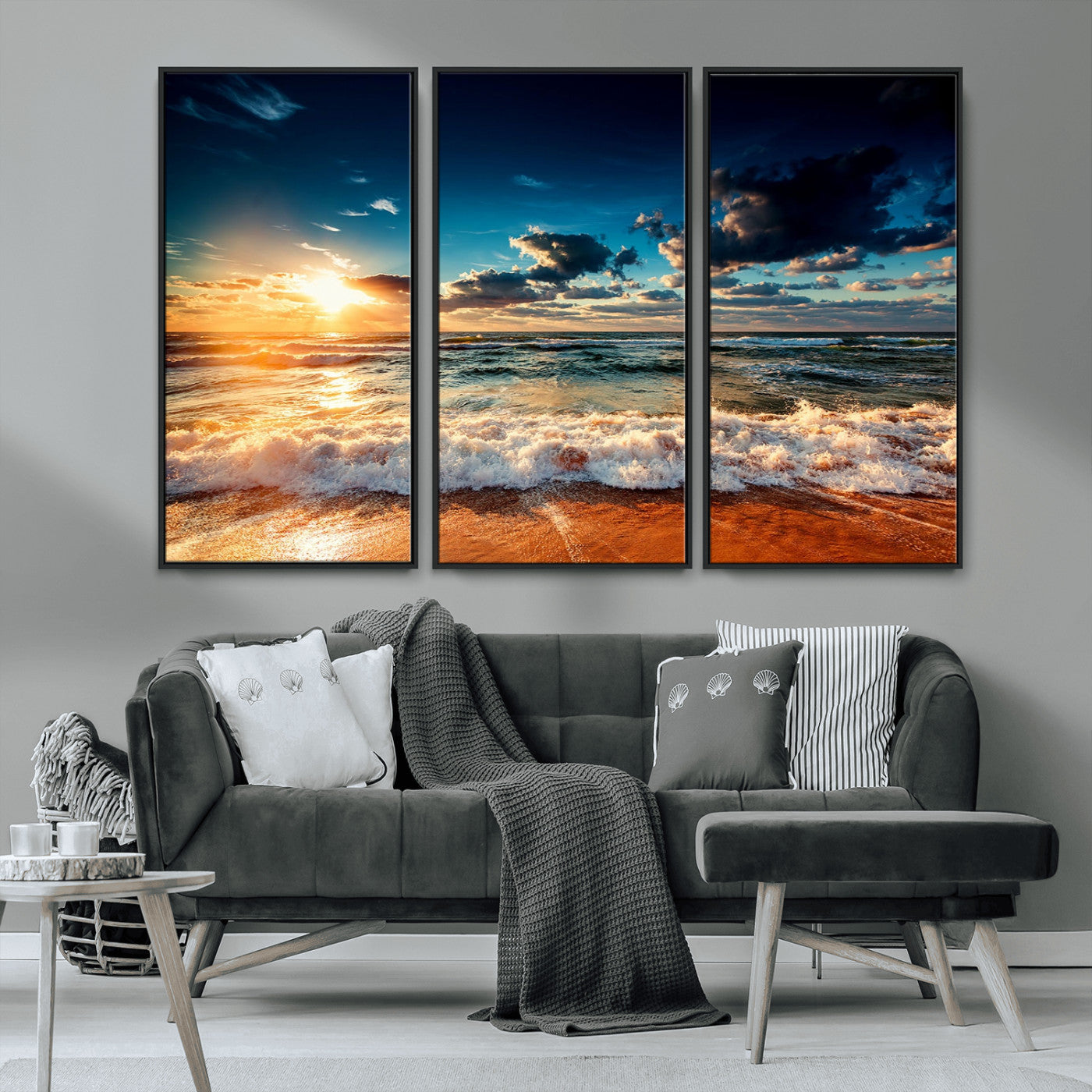 -Golden Hour Sunset Over Ocean Waves Wall Art Canvas Print | 3 Panel Coastal Landscape Canvas Wall