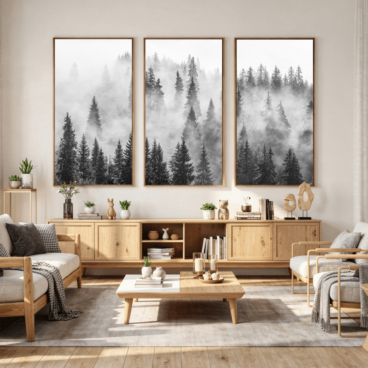 10422-MGV-CV-36X24 - Forest Wall Art Print | Foggy Pine Forest Canvas Wall Art - Black and White Nature Decor for Living