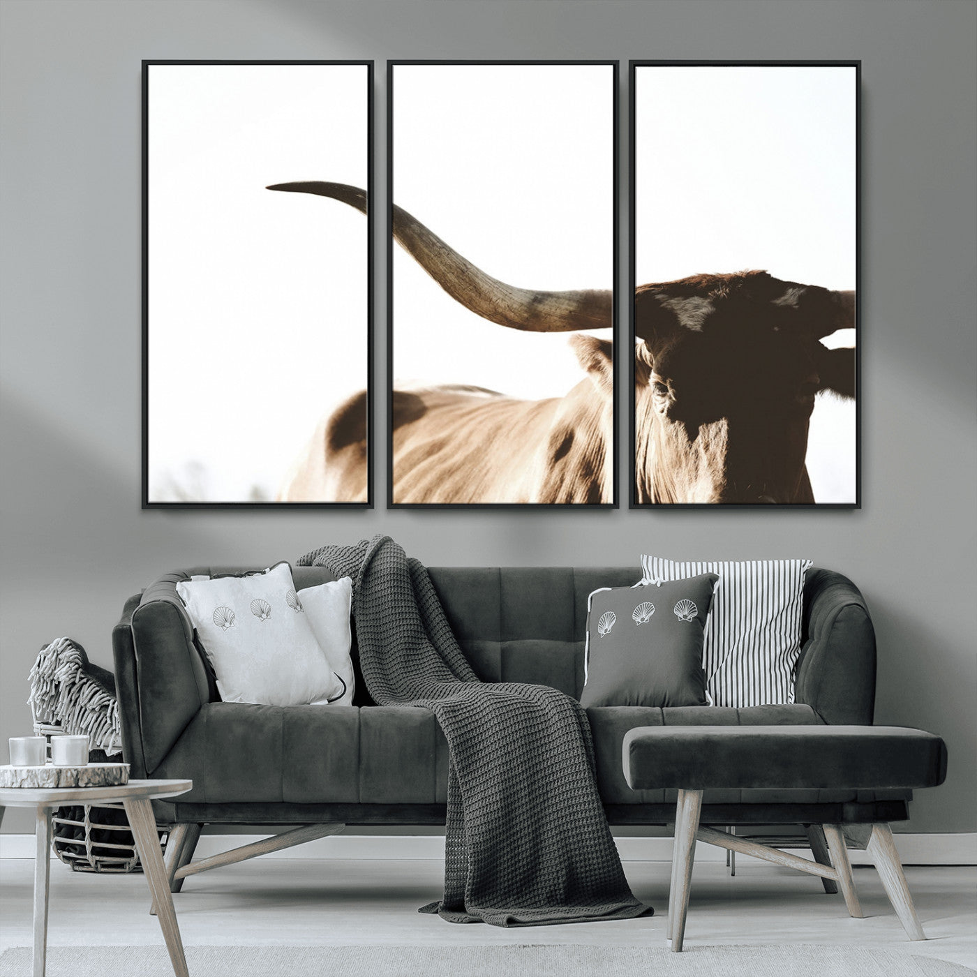 -Texas Longhorn Wall Art Canvas Print | 3-Panel Large Longhorn Canvas Print for Living Room, Framed