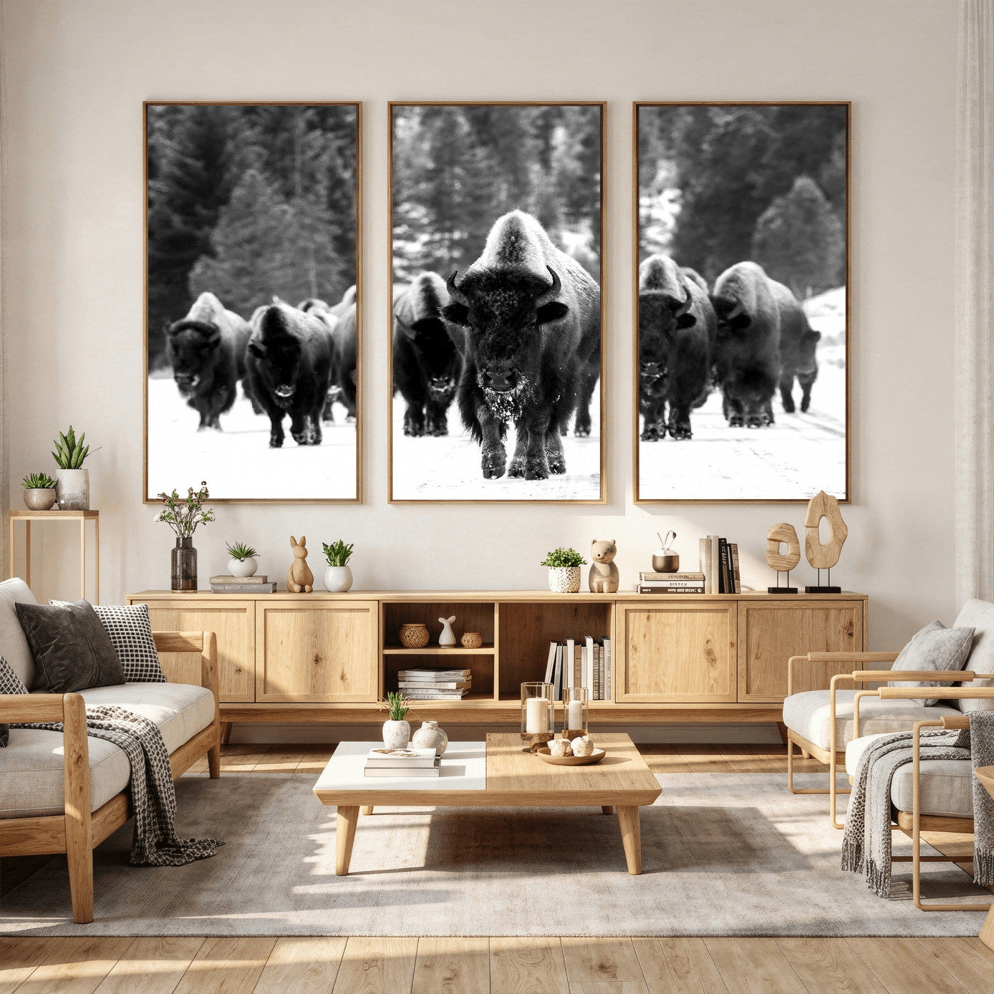 62434-MGV-CV-36X24 - Bison Herd in Snow Wall Art Canvas Print | Rustic Western Bison Wall Art for Decor for Living Room,