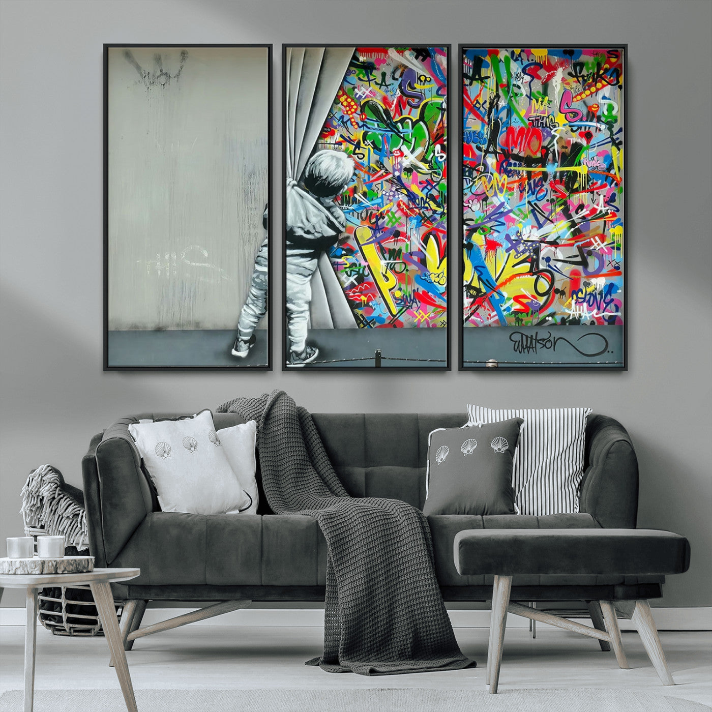 51713-MGV-CV-36X24-Banksy Colorful Street Graffiti Canvas Wall Art Print, Modern Art Triptych, Child and Graffiti Wall,