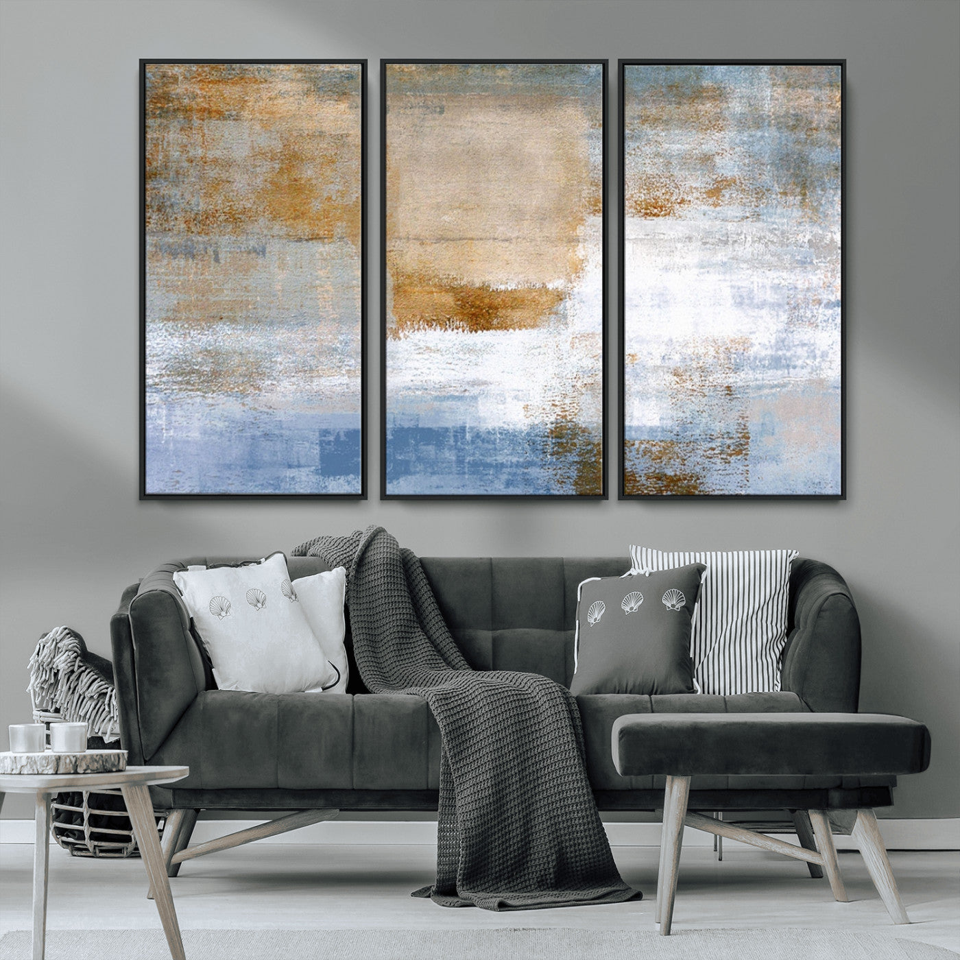 72354-MGV-CV-36X24-Blue Multi Panel Abstract Wall Art Canvas, Abstract Blue and Gold Canvas Print