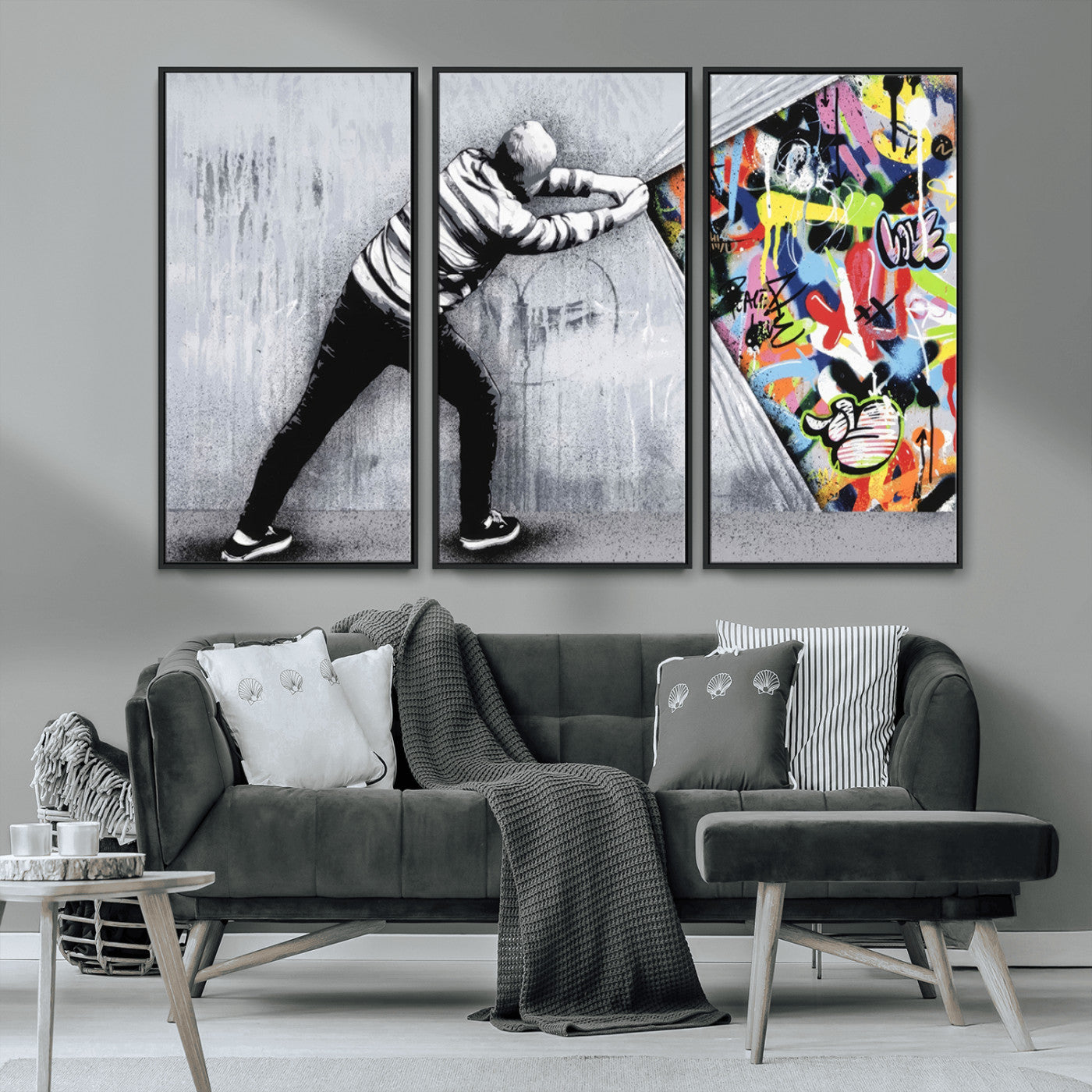 52252-MGV-CV-36X24-Banksy Art Behind the Curtain Street Wall Art Canvas Print | 3-Panel Urban Graffiti-Inspired Wall