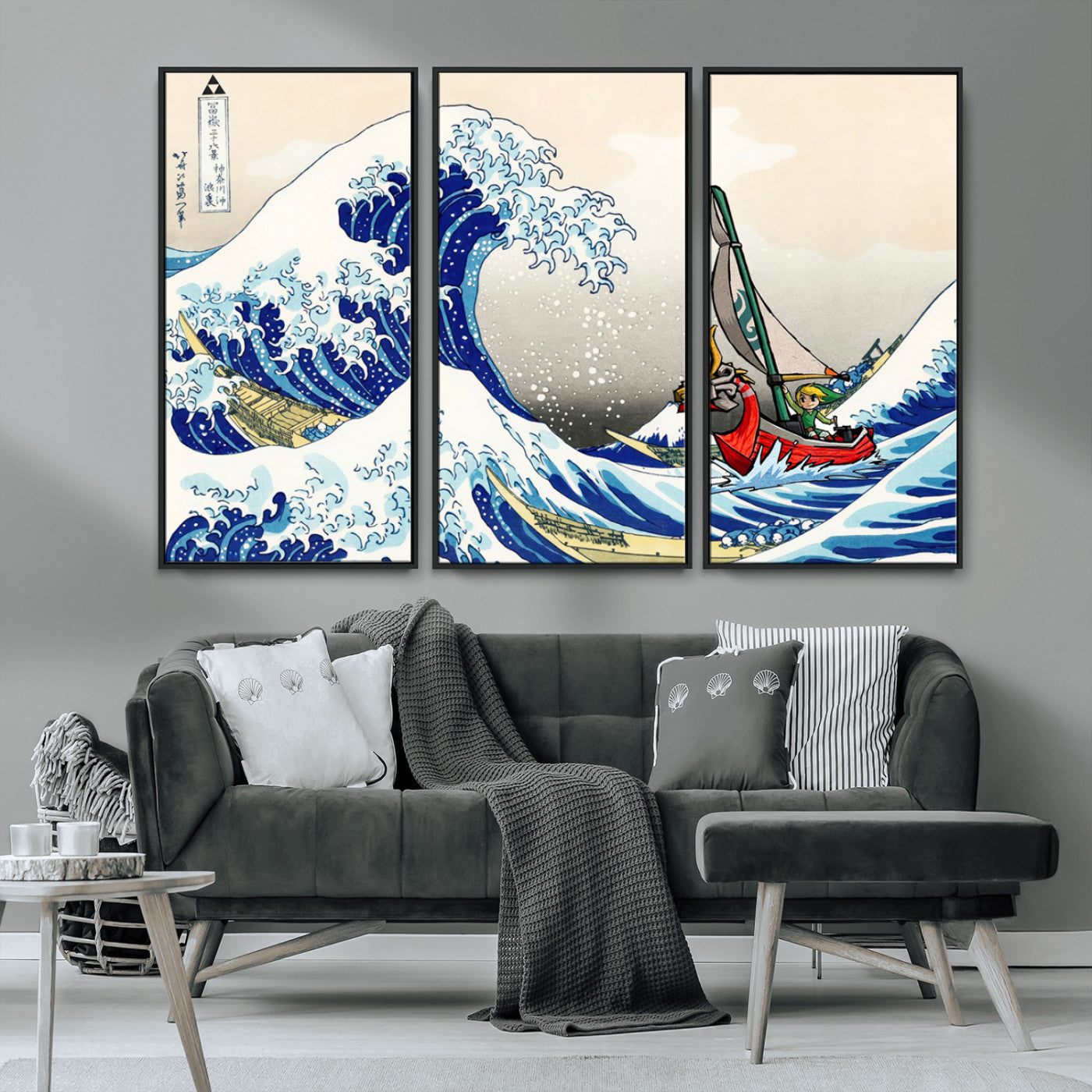 19450-MGV-FC-48X32-3P_Black-Katsushika Hokusai Kanagawa Giant Wave Wall Art Canvas Print | Iconic Japanese Art for Living Room