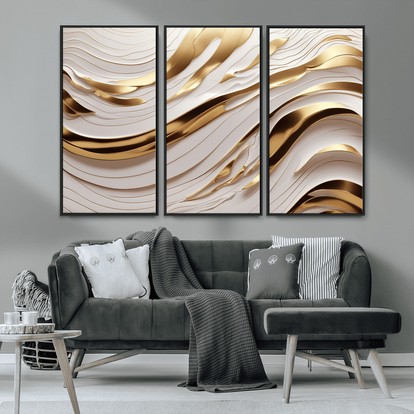 81197-MGV-CV-36X24-Gold and White Abstract Wave Canvas – Elegant Flowing Design with Luxurious Golden Accents –