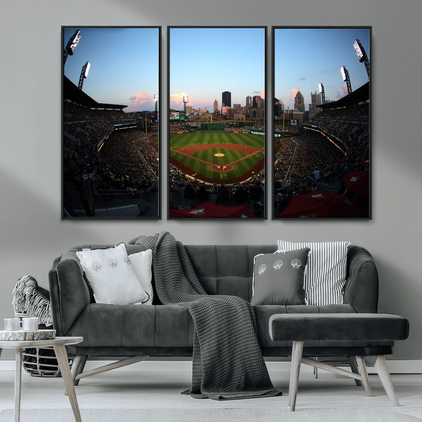 67670-MGV-FC-48X32-3P_Black-PNC Park Evening Game Triple Canvas Wall Art - Pittsburgh Pirates MLB Match - PNC Park Stadium Wall