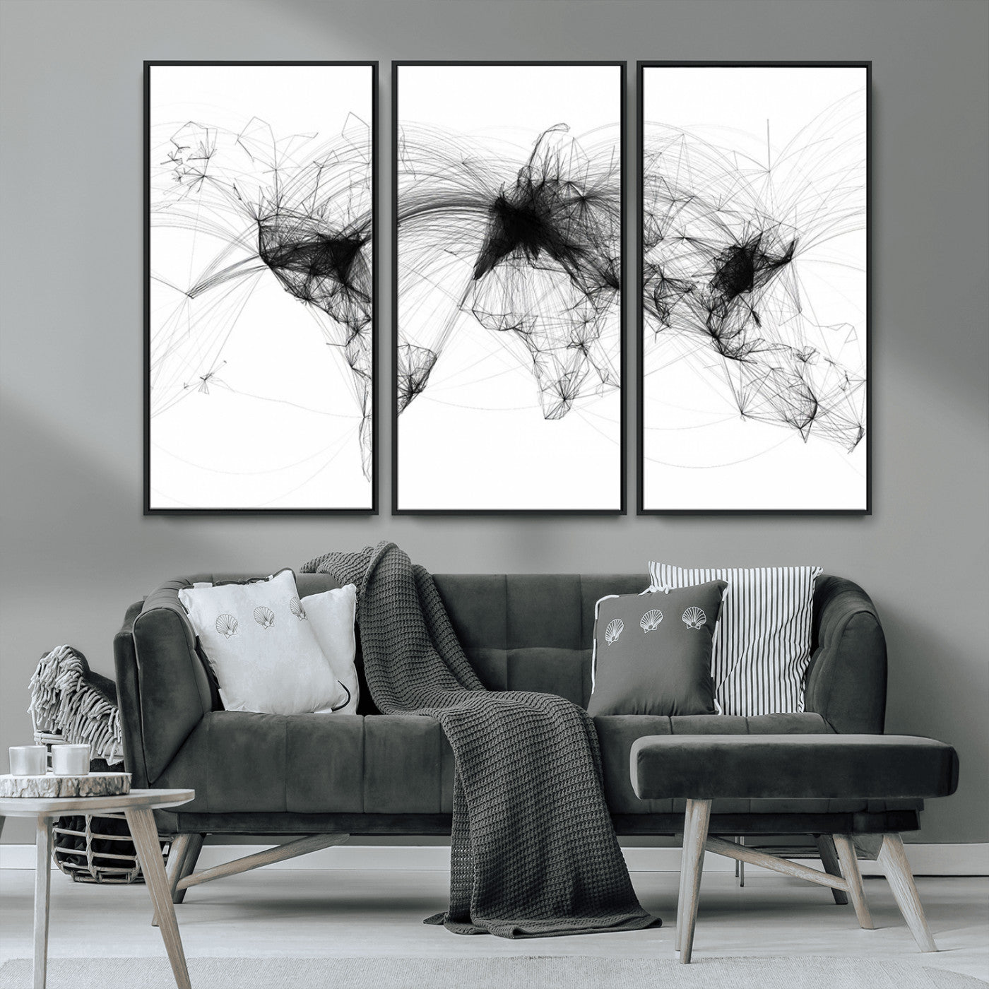 50136-MGV-CV-36X24-Abstract World Map Wall Art – Framed Geometric Line Canvas Artwork, Modern Global Design, Contemporary Decor for Home, Office