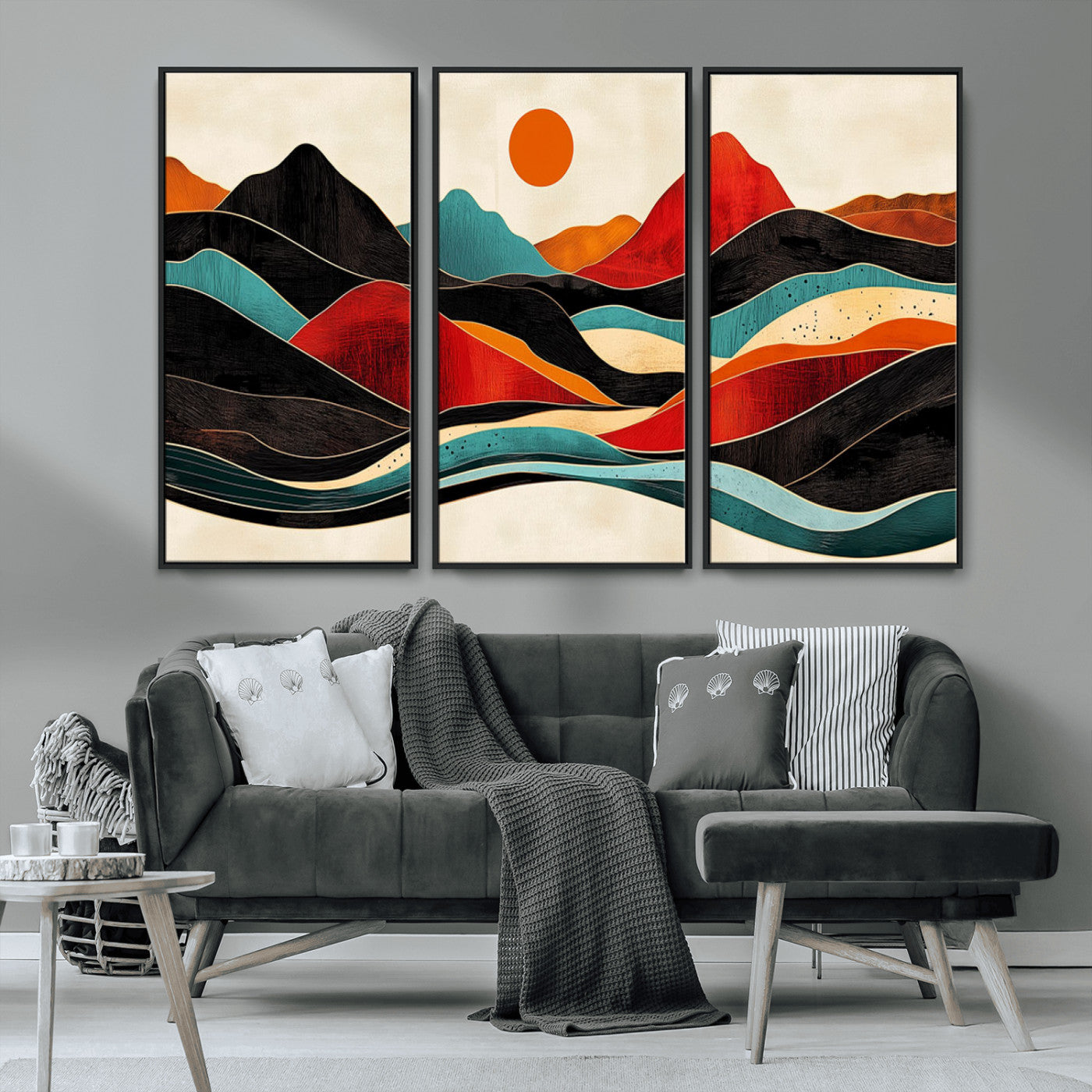 29227-MGV-FC-48X32-3P_Black-Western Wall Decor - Large Triptych Mountain Canvas - Boho Woodland Wall Art Print - Framed