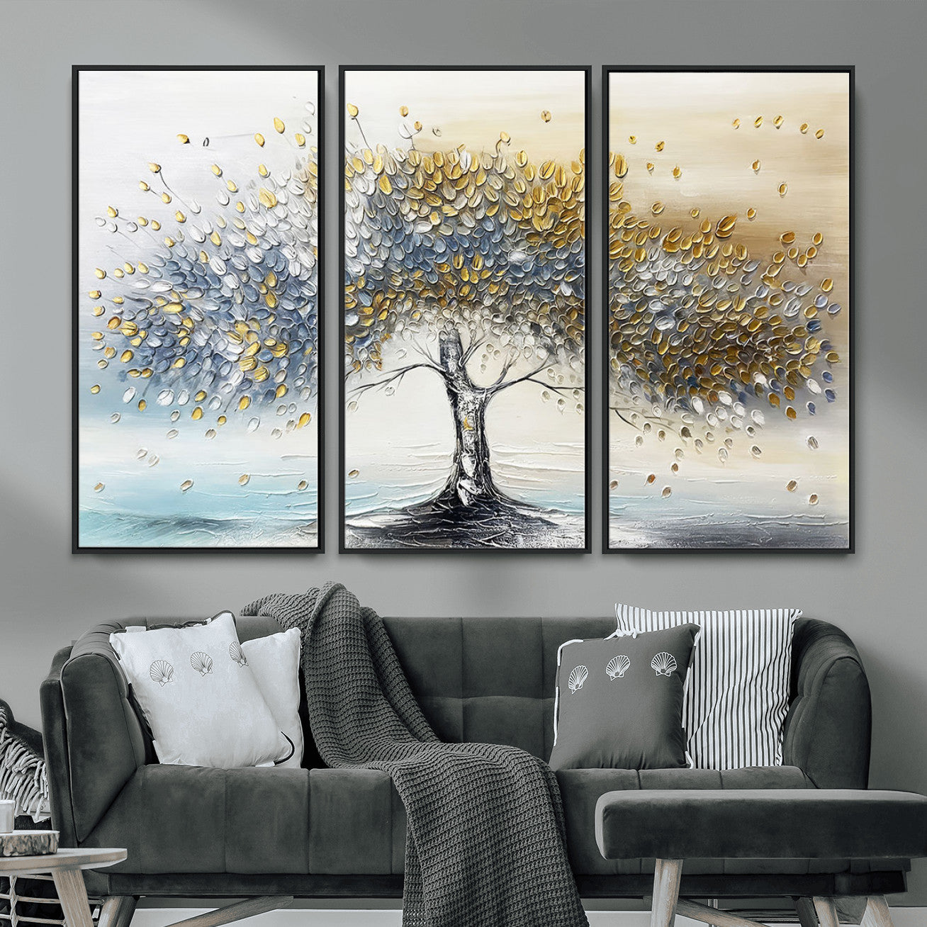 MGV-FC-48X32-3P - Golden & Silver Tree of Life Wall Art – Canvas Print with Whimsical Leaves Elegant Nature Design, Decorative Home, Office or Guest Room Decor