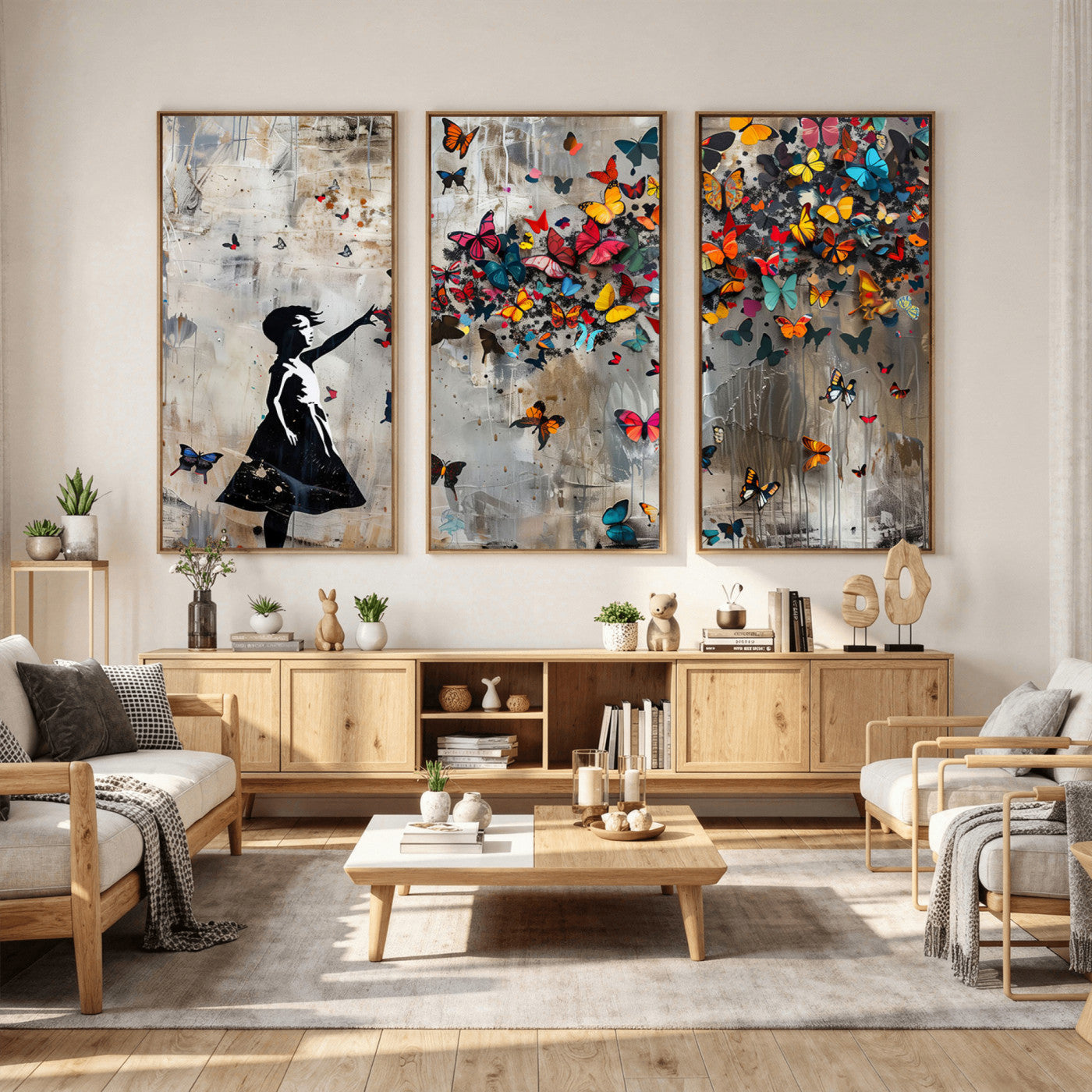 51446-MGV-CV-36X24 - Banksy Butterfly Girl Wall Art | 3-Piece Butterfly Girl Canvas