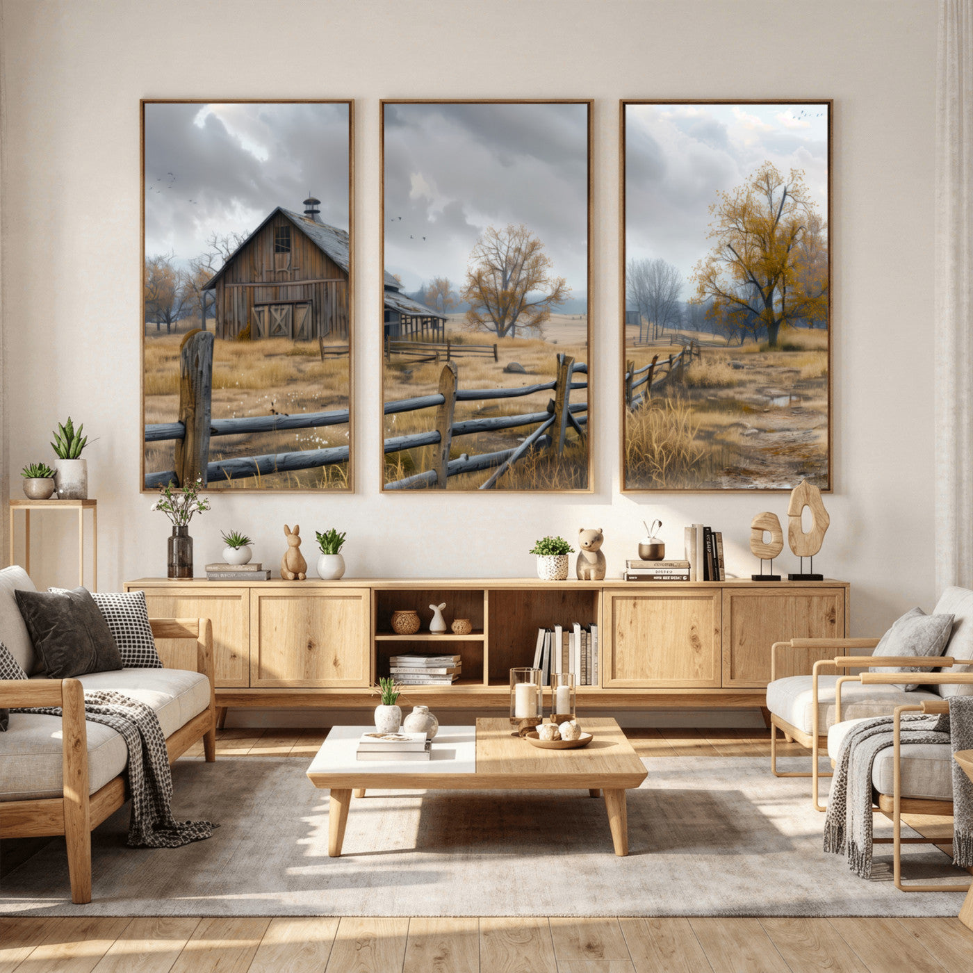 Farm1-MGV-CV-36X24 - Rustic Autumn Farmhouse Wall Art Canvas Print – Serene Countryside Scene with Weathered Barn and