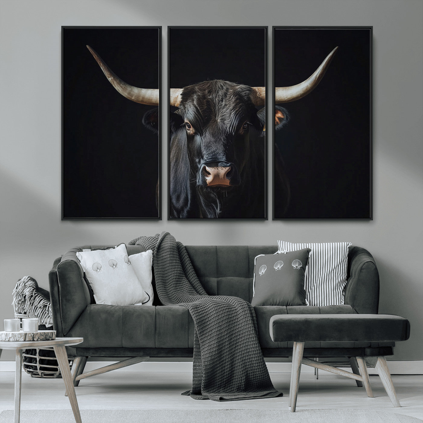 48065167-MGV-CV-36X24-Majestic Longhorn Bull Wall Art Canvas Print – Dark Background Western Ranch Portrait Artwork for Home, Office