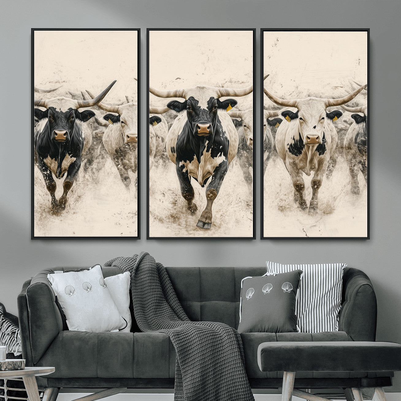 MGV-FC-48X32-3P - Cream Dust Longhorn Wall Art – Canvas Print of Western Herd Stampede, Dynamic Charge, Rustic Prairie Motion, Bold Nature Farm Decor