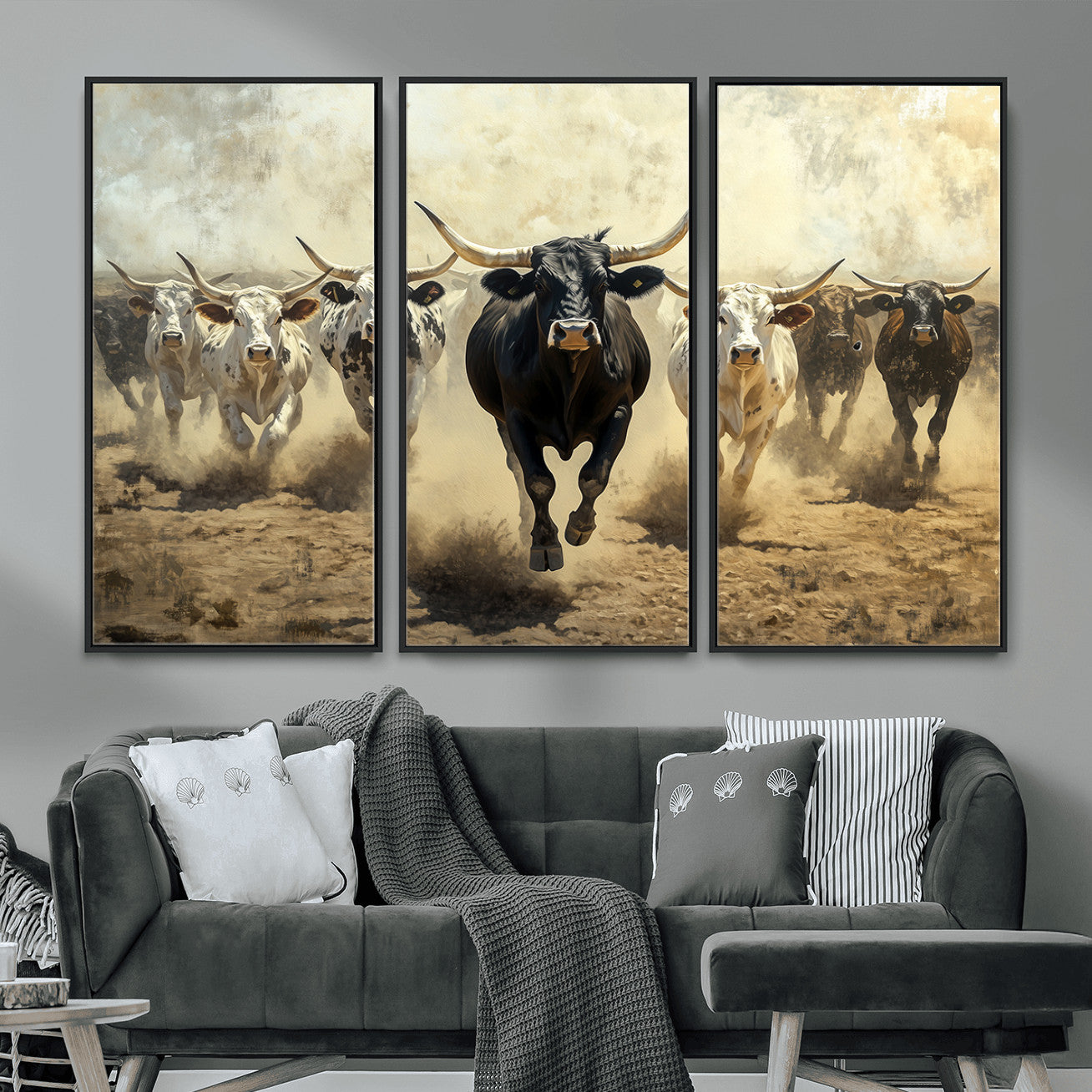 MGV-FC-48X32-3P - Running Cattle Wall Art – Canvas Print of Western Herd, Dust Stampede, Longhorns, Wild West Ranch, Bold Rustic Farm Decor for Home or Office