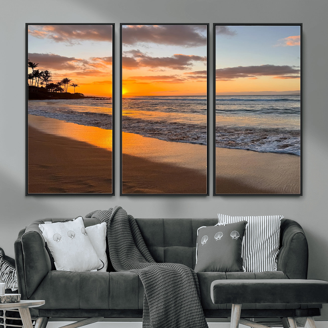 MGV-FC-48X32-3P - Sunset Glow Wall Art – Canvas Print of Ocean Breeze, Golden Sand, Tropical Palm Silhouettes, Tranquil Waves, Beach Nature Decor for Home