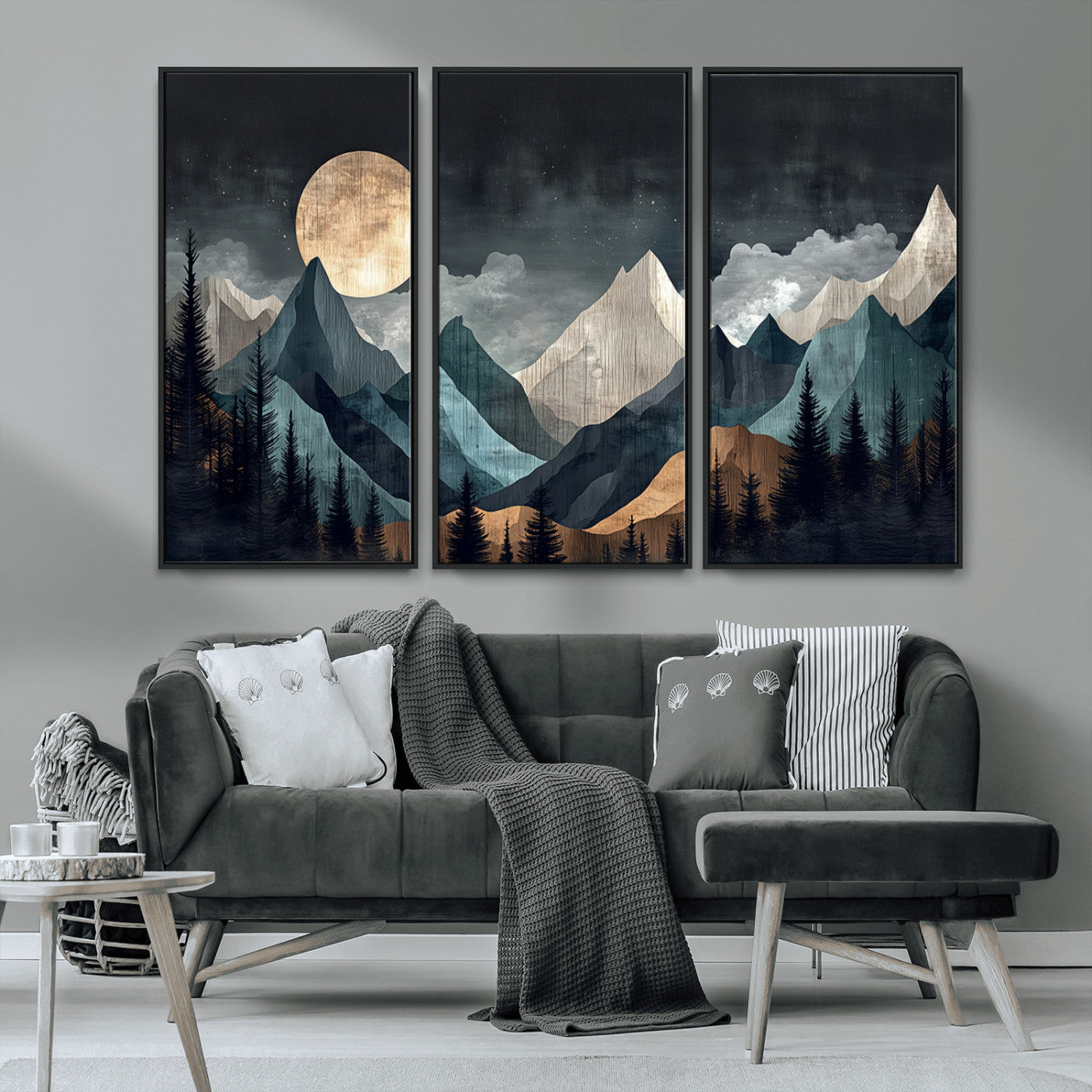 11060882-MGV-CV-36X24-Moonlit Mountain Wall Art Canvas Print – Silhouetted Pines Layered Peaks Tranquil Sky Mist Silver Light Nature Artwork for Home