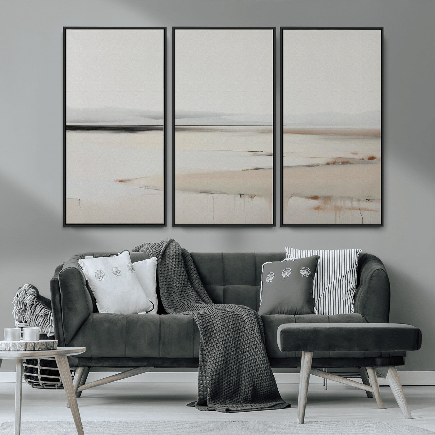 89410095-MGV-CV-36X24-Minimalist Landscape Wall Art Canvas Print – Framed Soft Horizon Abstract Seascape Earthy Tones Artwork for Home Office