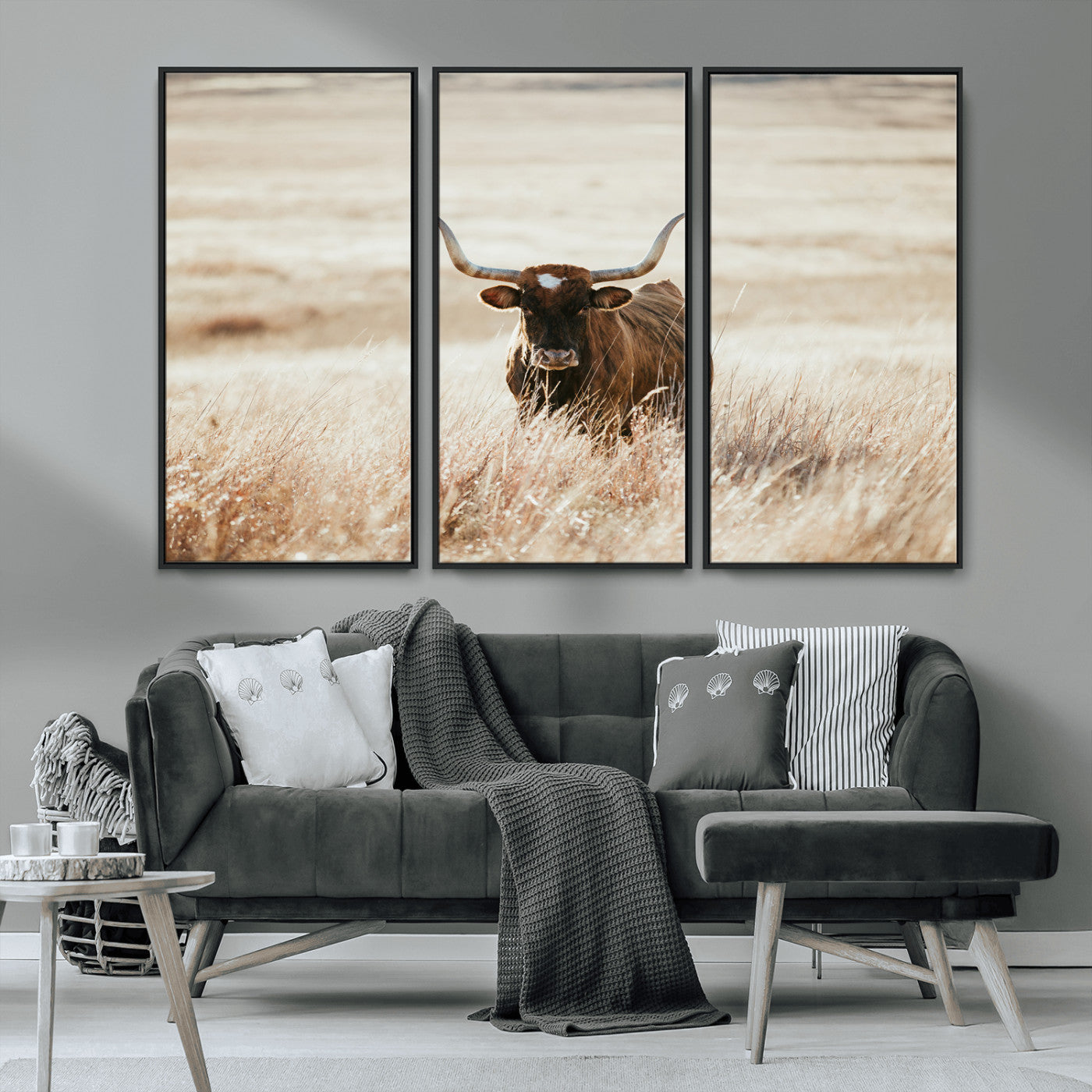 -Texas Longhorn Wall Art Canvas Print, Framed Brown Cattle Art Picture Print, Horned Bull Perfect Rustic Western Decor Artwork