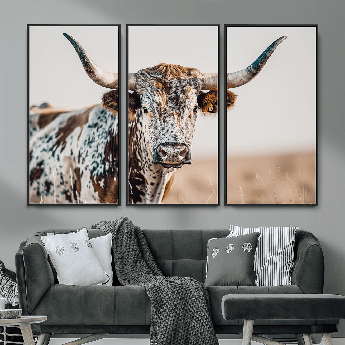 70414966-MGV-FC-48X32-3P - Majestic Longhorn Wall Art – Canvas Print of Strong Stance Intricate Fur & Sharp Horns Rustic Elegance & Timeless Wild Beauty Decor for Living Room, Office or Bedroom