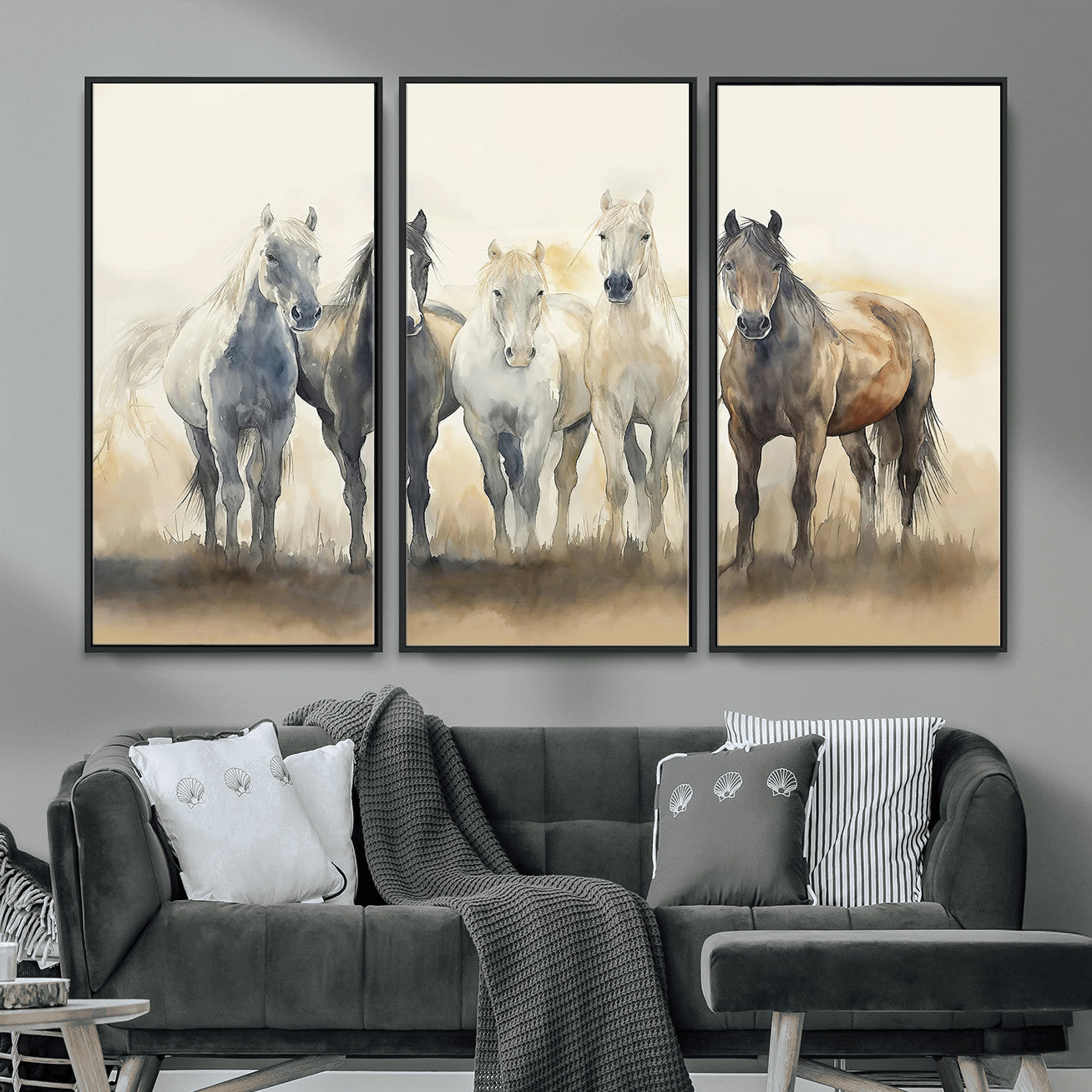 MGV-FC-48X32-3P - Wild Horses Wall Art Canvas Print, Framed Running Horses Art Picture Print, Watercolor Horses Perfect Rustic Western Decor Artwork