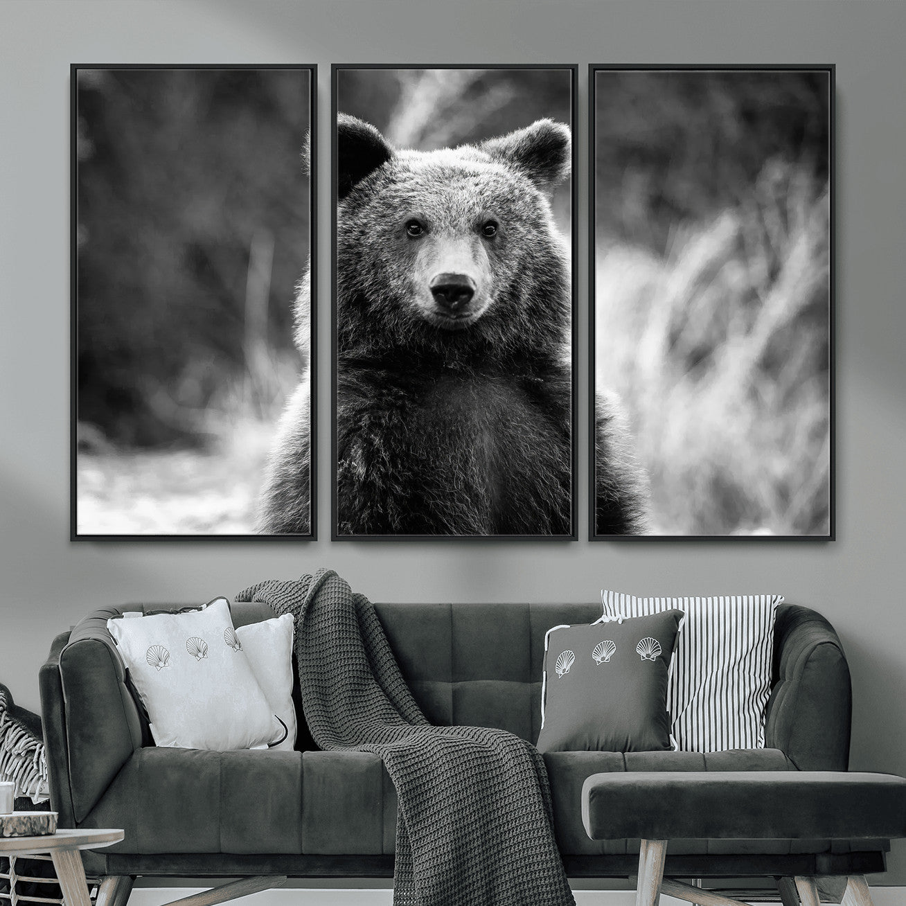 55656803-MGV-FC-48X32-3P_Black-Grizzly Bear Wall Art Canvas Print – Framed Black White Wildlife Rustic Nature Artwork for Home, Office Decor