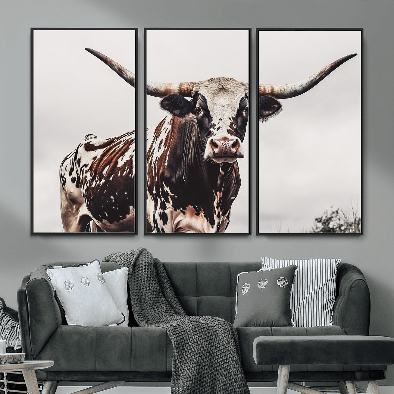 MGV-FC-48X32-3P - Texas Longhorn Wall Art Canvas Print, Framed Spotted Bull Art Picture Print, Horned Cattle Perfect Rustic Farmhouse Decor Artwork