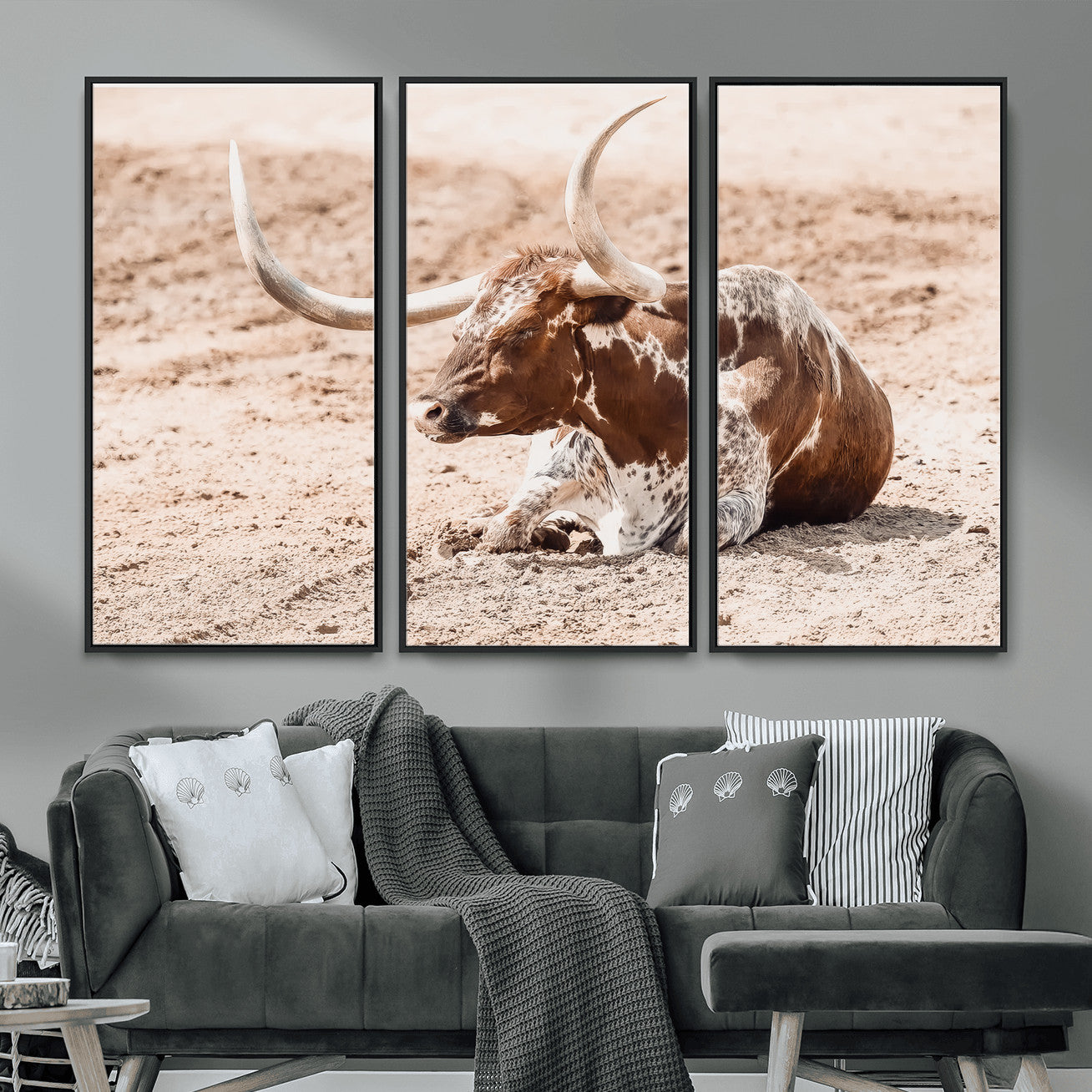 91248682-MGV-FC-48X32-3P_Black-Texas Longhorn Wall Art Canvas Print – Framed Resting Bull Scene with Spotted Cattle Artwork for Home, Office