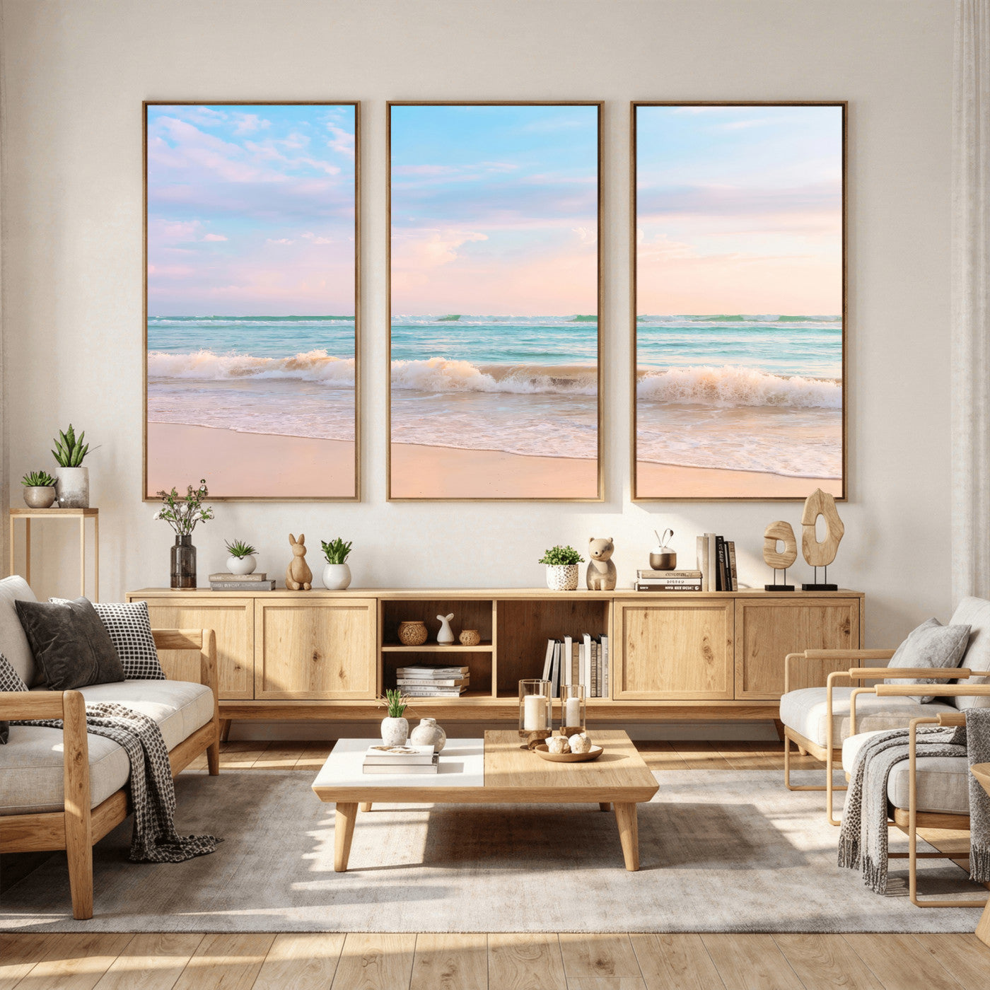 74679437-MGV-CV-36X24 - Serene Waves Wall Art – Golden Shore & Soft Pastel Sky Canvas Print, Gentle Ocean and Peaceful Sunset for Living Room or Office