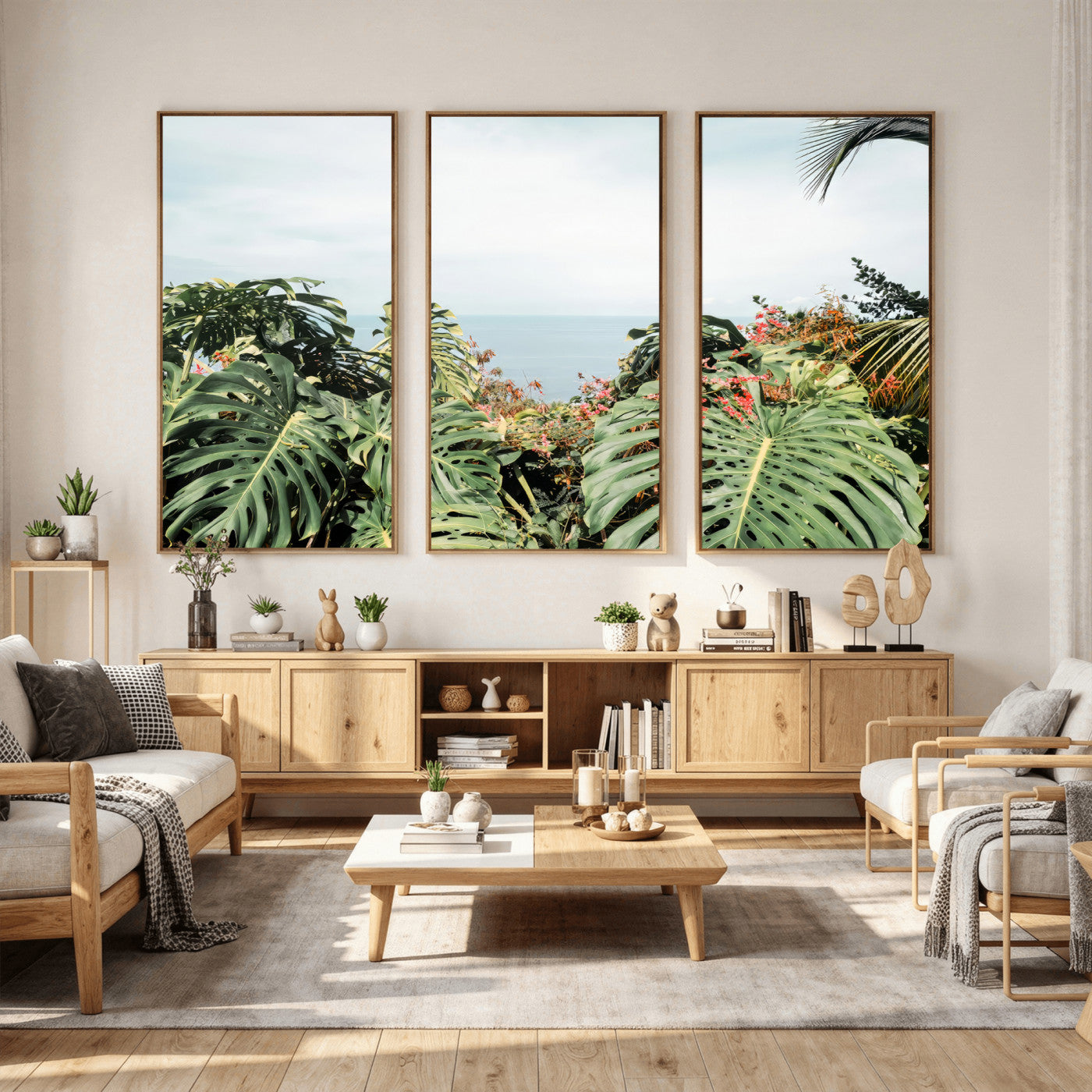 45700479-MGV-CV-36X24 - Tropical Greenery Wall Art – Exotic Leaves & Ocean View Canvas Print, Sunlit Paradise and Vibrant Nature for Living Room or Coastal Decor