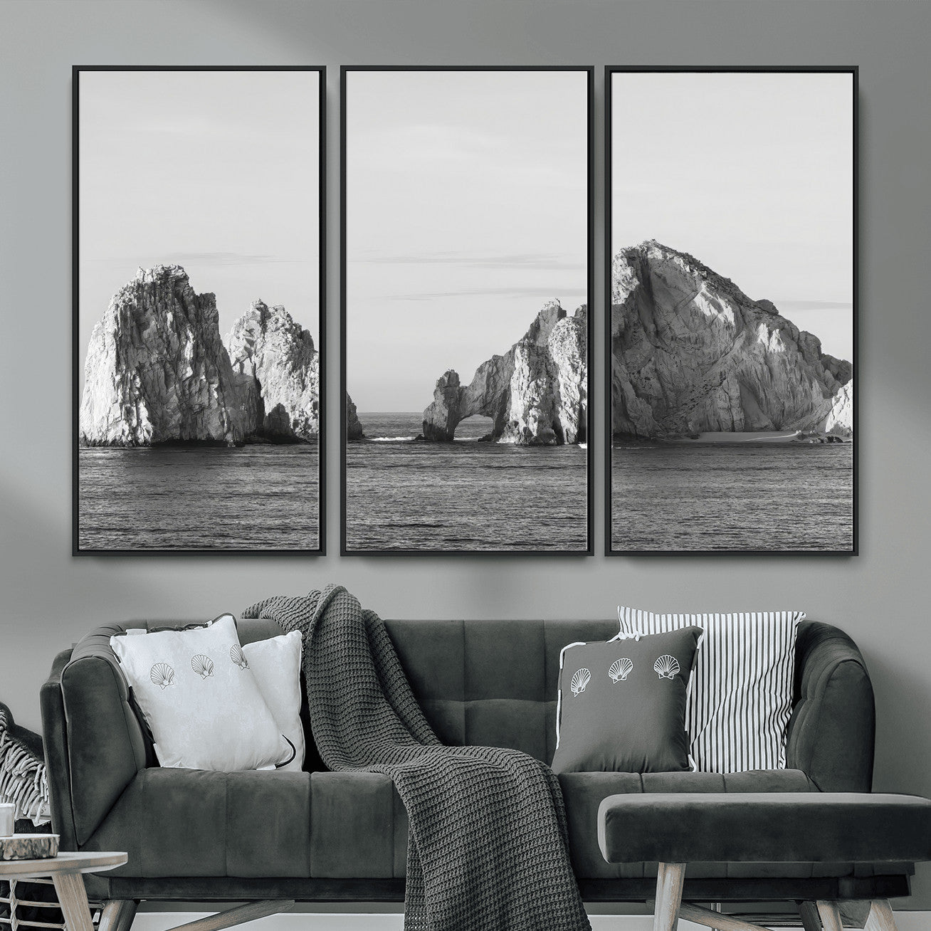 MGV-FC-48X32-3P - Rugged Coastline Wall Art Canvas Print, Framed Ocean Cliffs Art Picture Print, Monochrome Seascape Perfect Coastal Minimalist Decor Artwork