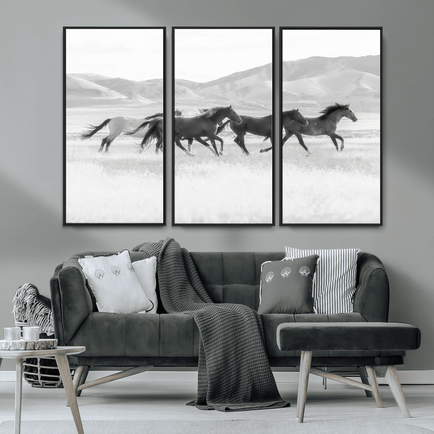 MGV-FC-48X32-3P - Wild Horses Wall Art – Black & White Canvas Print of Herd Running, Nature in Motion, Freedom & Beauty Decor for Guest Room, Office or Living Room