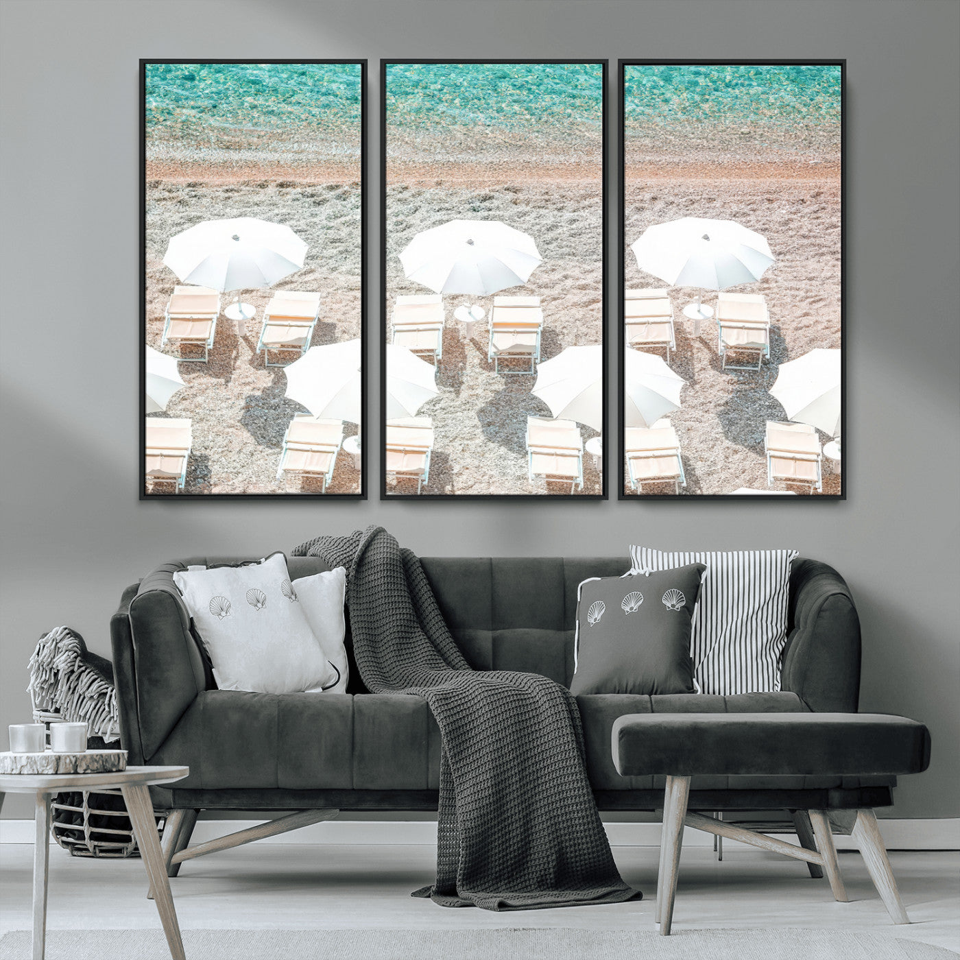 MGV-FC-48X32-3P - Calm Beach Wall Art Canvas Print, Framed Turquoise Water Art Picture Print, Umbrella Shoreline Perfect Coastal Minimalist Decor Artwork