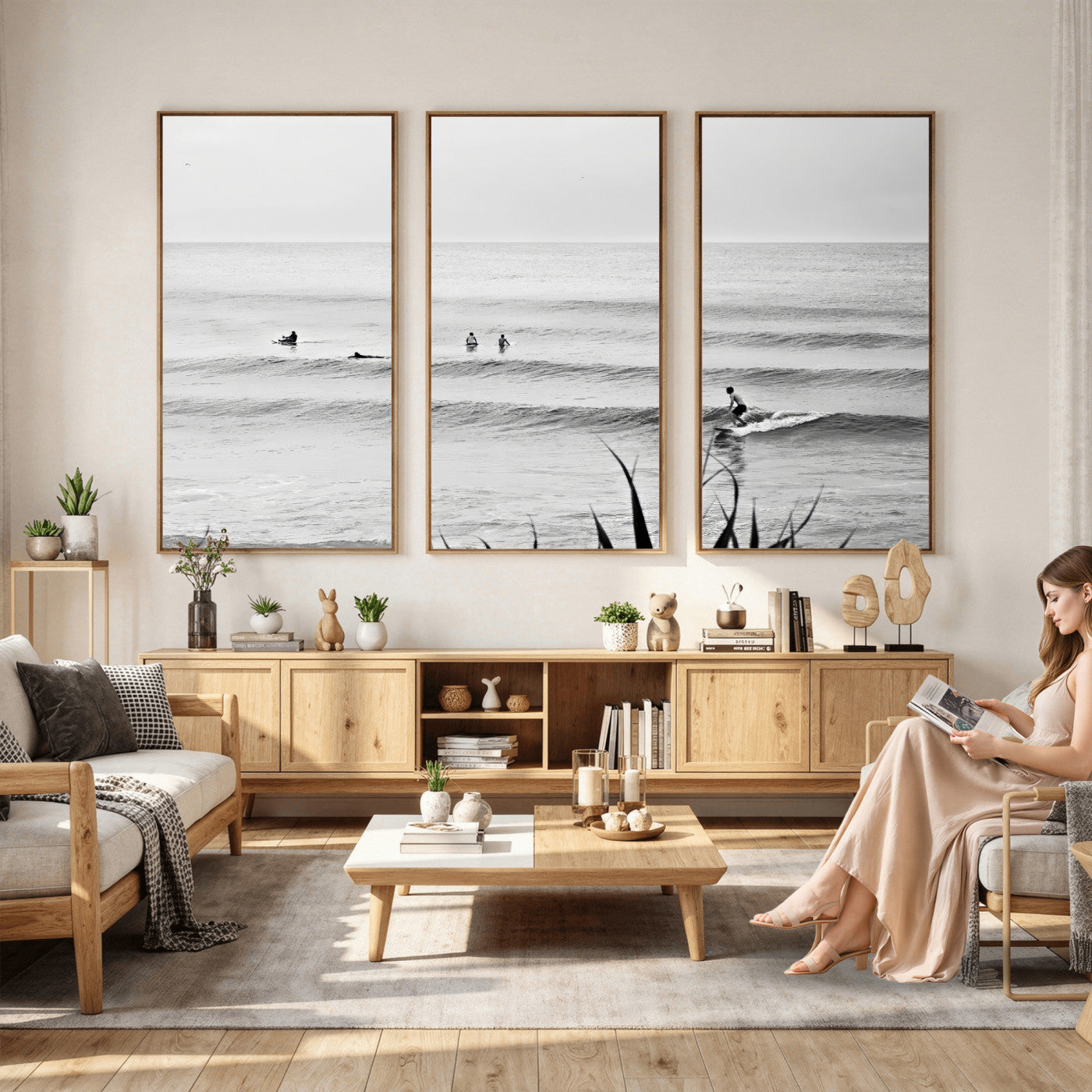 33821421-MGV-CV-36X24 - Surfer Silhouette Wall Art Canvas Print, Framed Calm Ocean Art Picture Print, Monochrome Surf Minimalist Coastal Decor Artwor