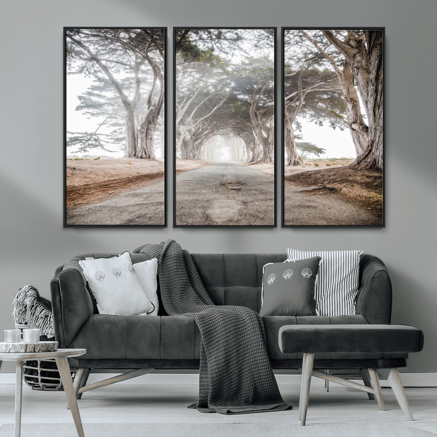 87090469-MGV-CV-36X24-Cypress Tunnel Wall Art – Framed Misty Road Canvas Artwork, Foggy Trees Design, Rustic Woodland Nature Decor for Home, Office
