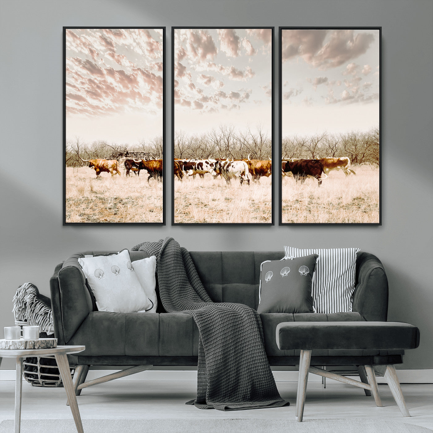 64892775-MGV-CV-36X24 - Longhorn Cattle Wall Art Canvas Print, Framed Texas Ranch Art Picture Print, Western Cow Perfect Western Decor Artwork