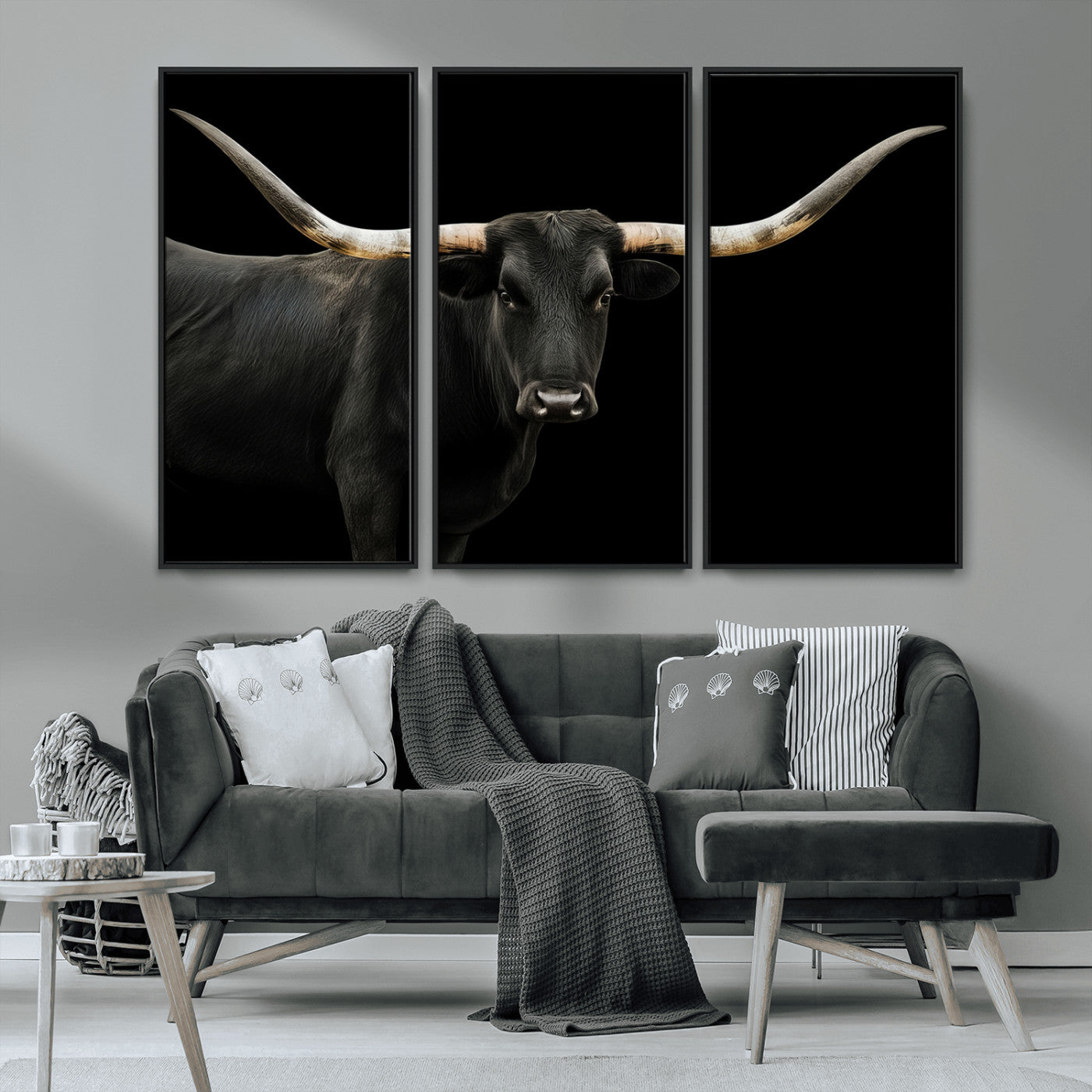 99448328-MGV-CV-36X24 - Longhorn Cattle Wall Art Canvas Print, Framed Texas Black Bull Art Picture Print, Western Cow Perfect Farmhouse Decor Artwork