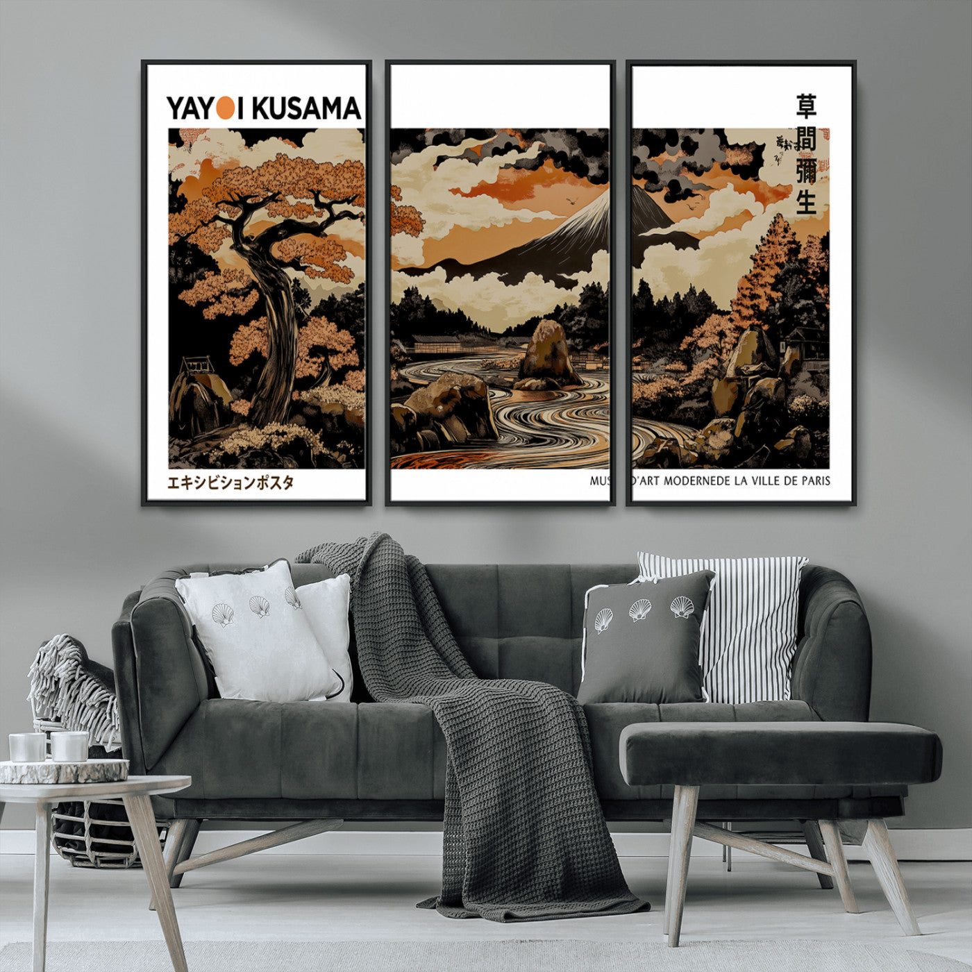 96372548-MGV-CV-36X24-Modern Japanese Wall Art Canvas Print – Framed Abstract Mount Fuji Scene with Yayoi Kusama Style Artwork for Home, Office