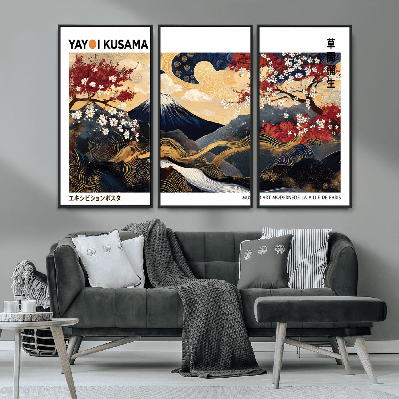 66243961-MGV-CV-36X24-Modern Mount Fuji Wall Art Canvas Print – Framed Abstract Mount Fuji Scene with Yayoi Kusama Artwork for Home, Office