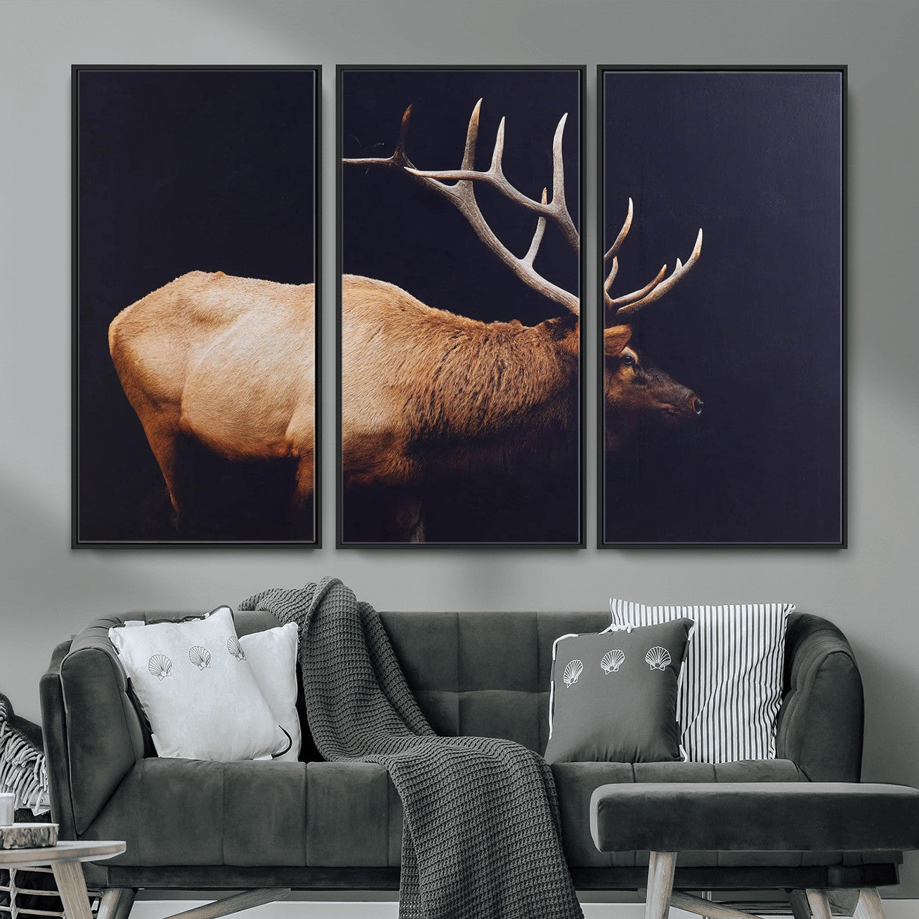 89239257-MGV-FC-48X32-3P - Rustic Elk Wall Art Canvas Print – Framed Moody Wildlife Art Picture Western Animal Artwork for Home, Office