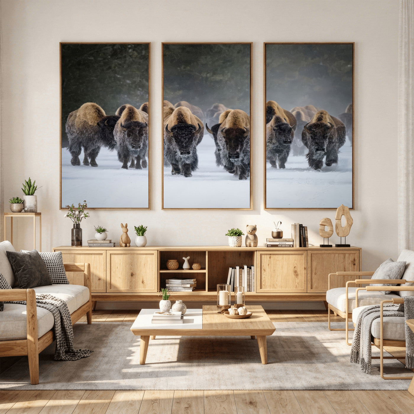 41669135-MGV-CV-36X24 - Winter Bison Herd Wall Art – Majestic Buffalo Charge Canvas Print with Snow Covered Plains, Rustic Wildlife Strength and Untamed Nature Decor for Home and Office
