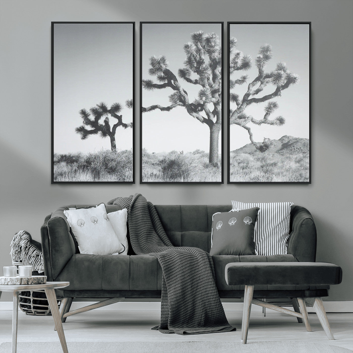 58647785-MGV-CV-36X24-Joshua Trees Wall Art Canvas Print – Framed Black White Desert Landscape Dry Grass Hills Tranquil Artwork for Home Office