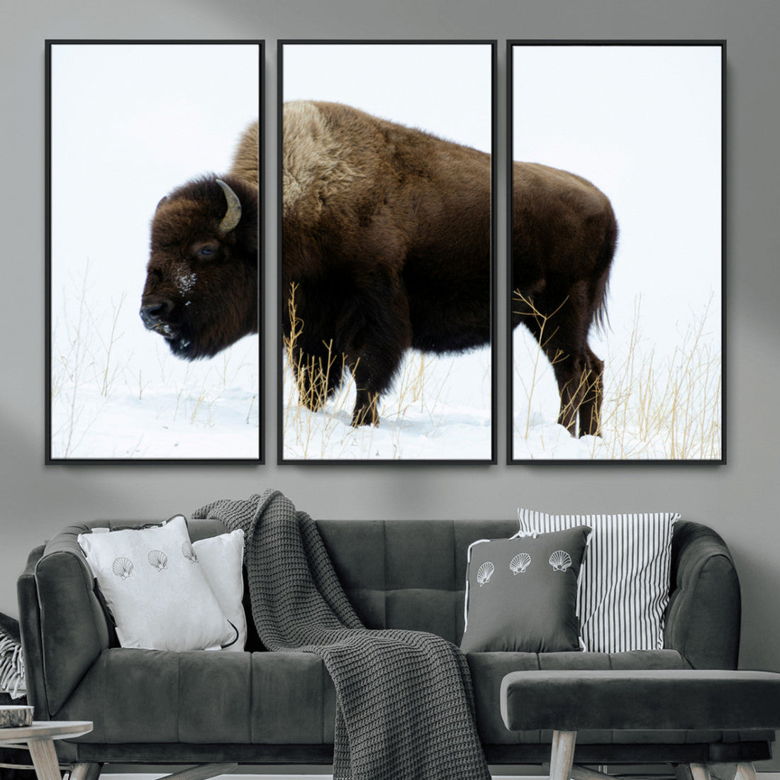 Bison Wall Art Canvas Print, Framed Western Wildlife Buffalo in Snow