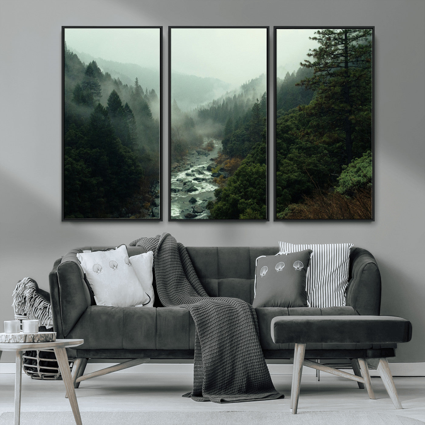 48497565-MGV-CV-36X24-Misty Forest Wall Art Canvas Print – Framed Foggy River Moody Landscape Wilderness Nature Scene Artwork for Home Office