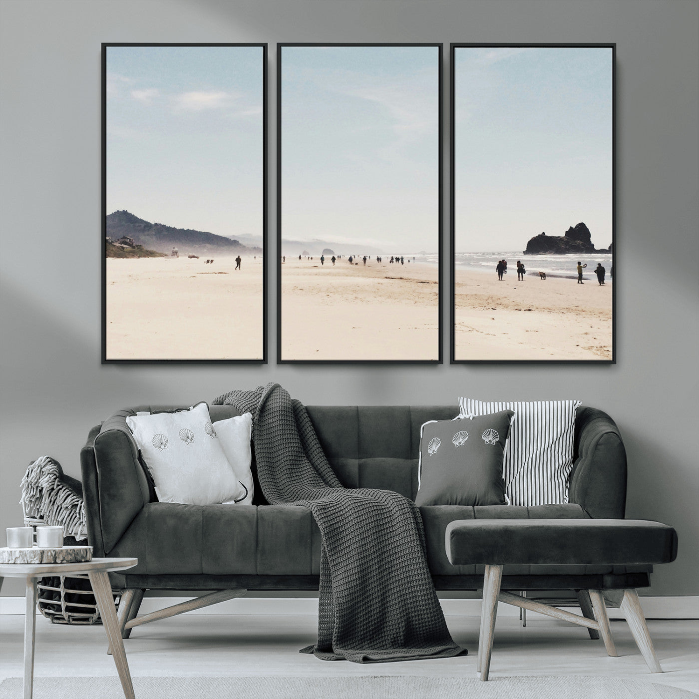 28307820-MGV-FC-48X32-3P_Black-Minimalist Beach Wall Art Canvas Print – Framed Coastal Serenity Soft Sand Nature Scene Artwork for Home Office